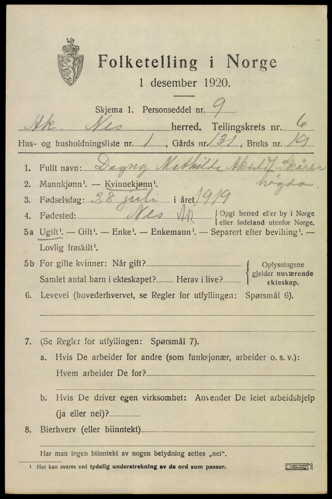 SAO, 1920 census for Nes, 1920, p. 7636