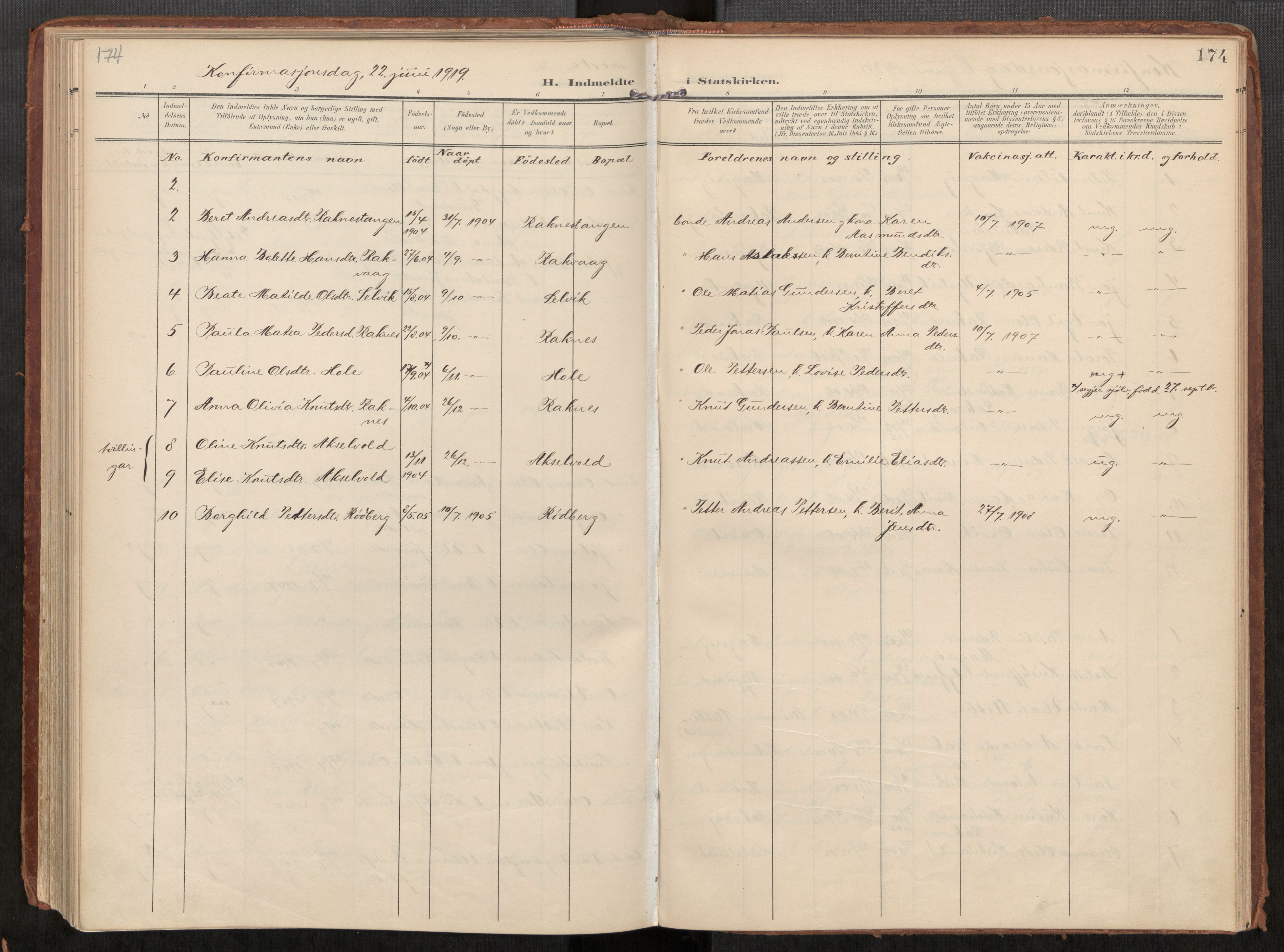 Ministerialprotokoller, klokkerbøker og fødselsregistre - Møre og Romsdal, AV/SAT-A-1454/563/L0740: Parish register (official) no. 563A02, 1903-1923, p. 174