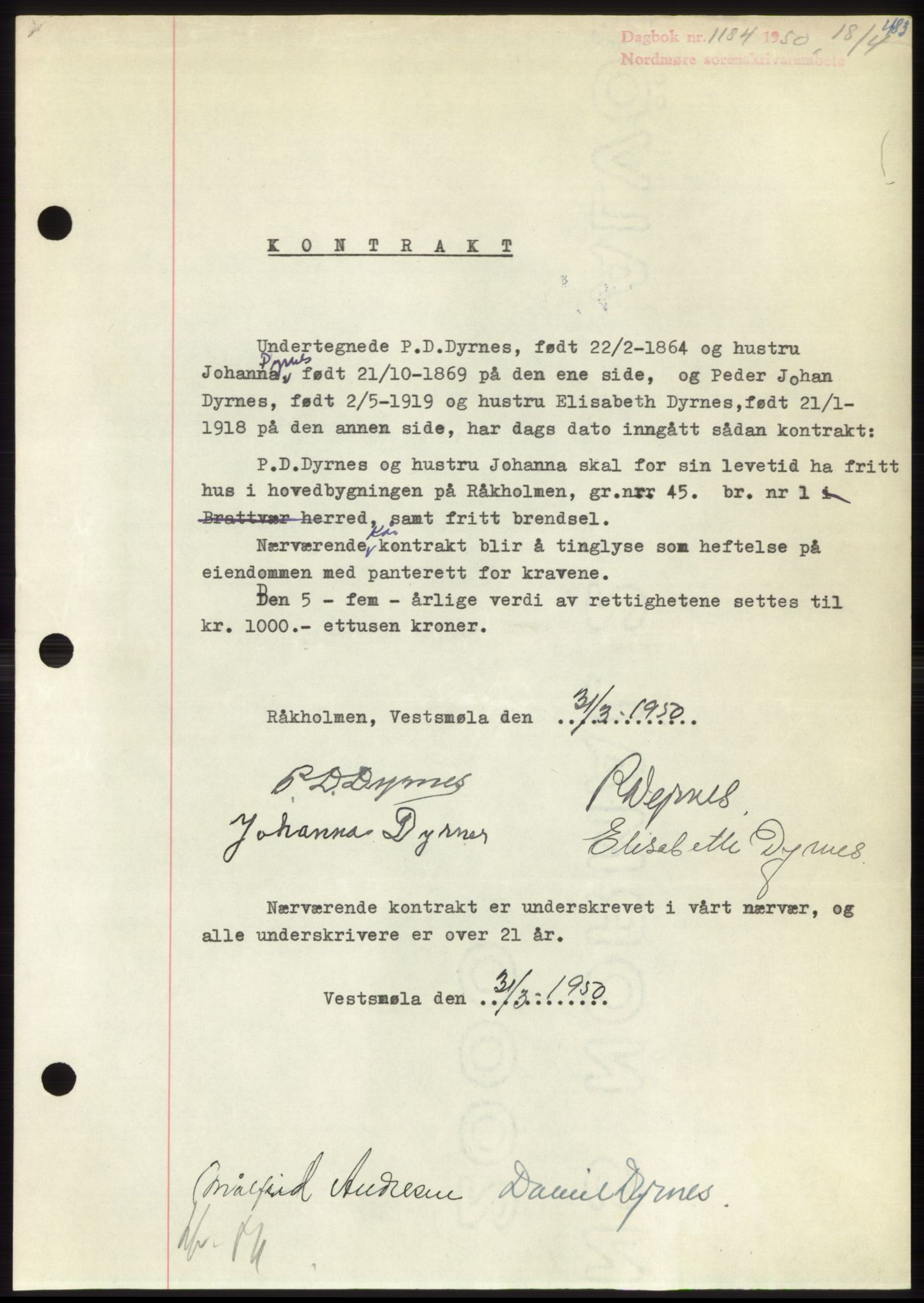 Nordmøre sorenskriveri, AV/SAT-A-4132/1/2/2Ca: Mortgage book no. B104, 1950-1950, Diary no: : 1184/1950