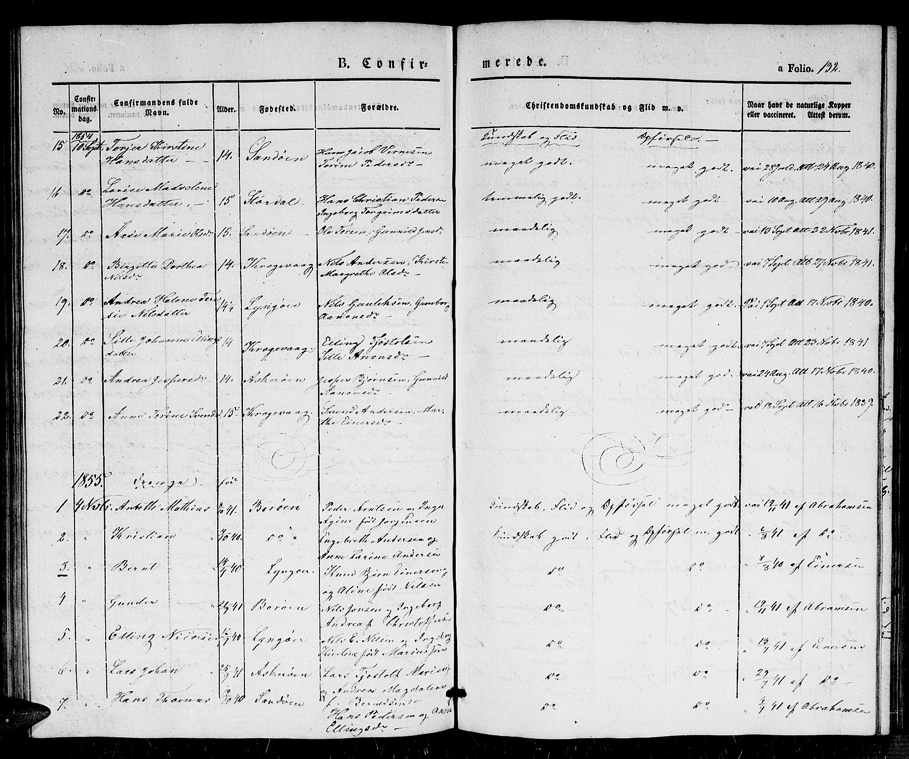 Dypvåg sokneprestkontor, AV/SAK-1111-0007/F/Fb/Fba/L0010: Parish register (copy) no. B 10, 1842-1857, p. 132