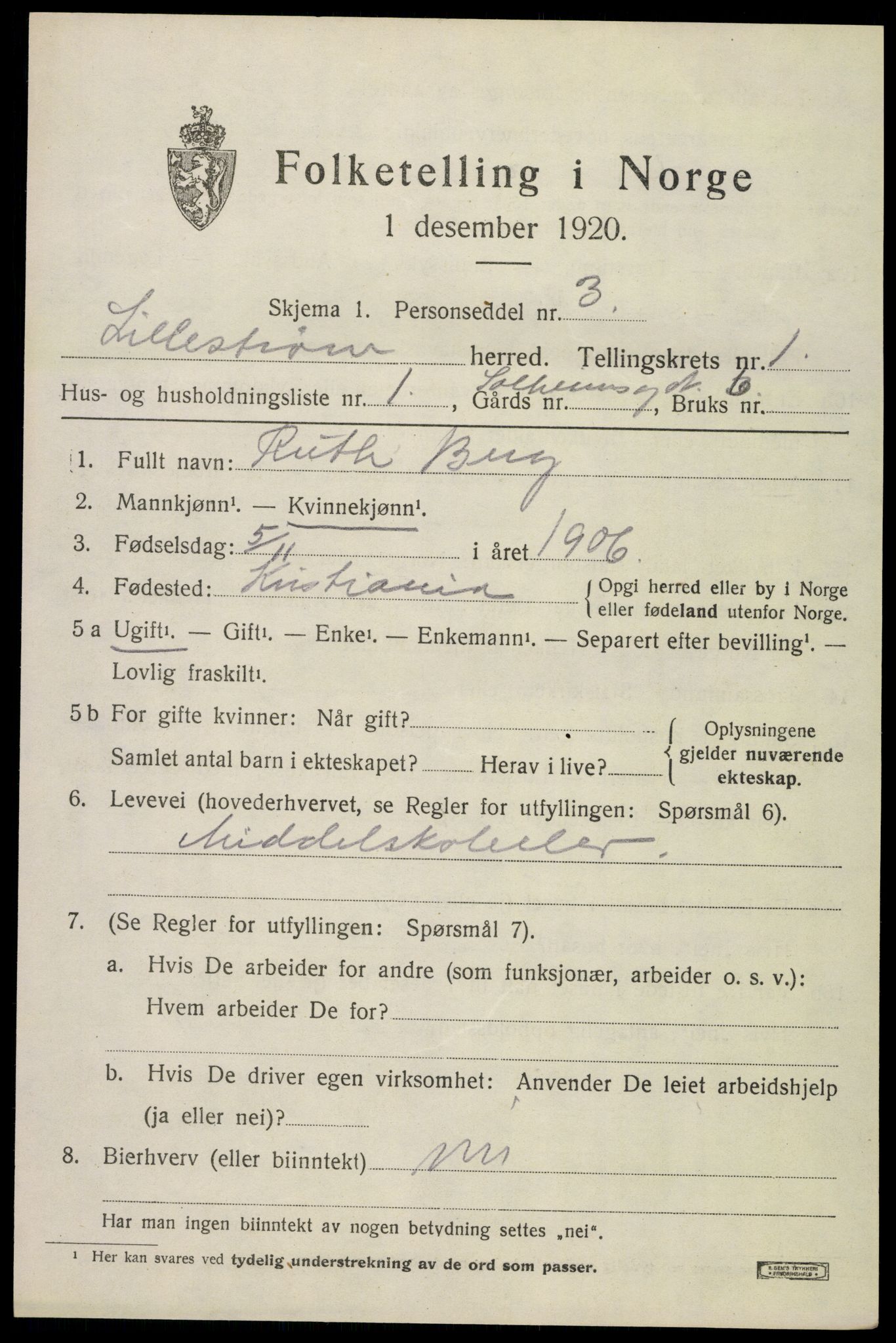 SAO, 1920 census for Lillestrøm, 1920, p. 1456