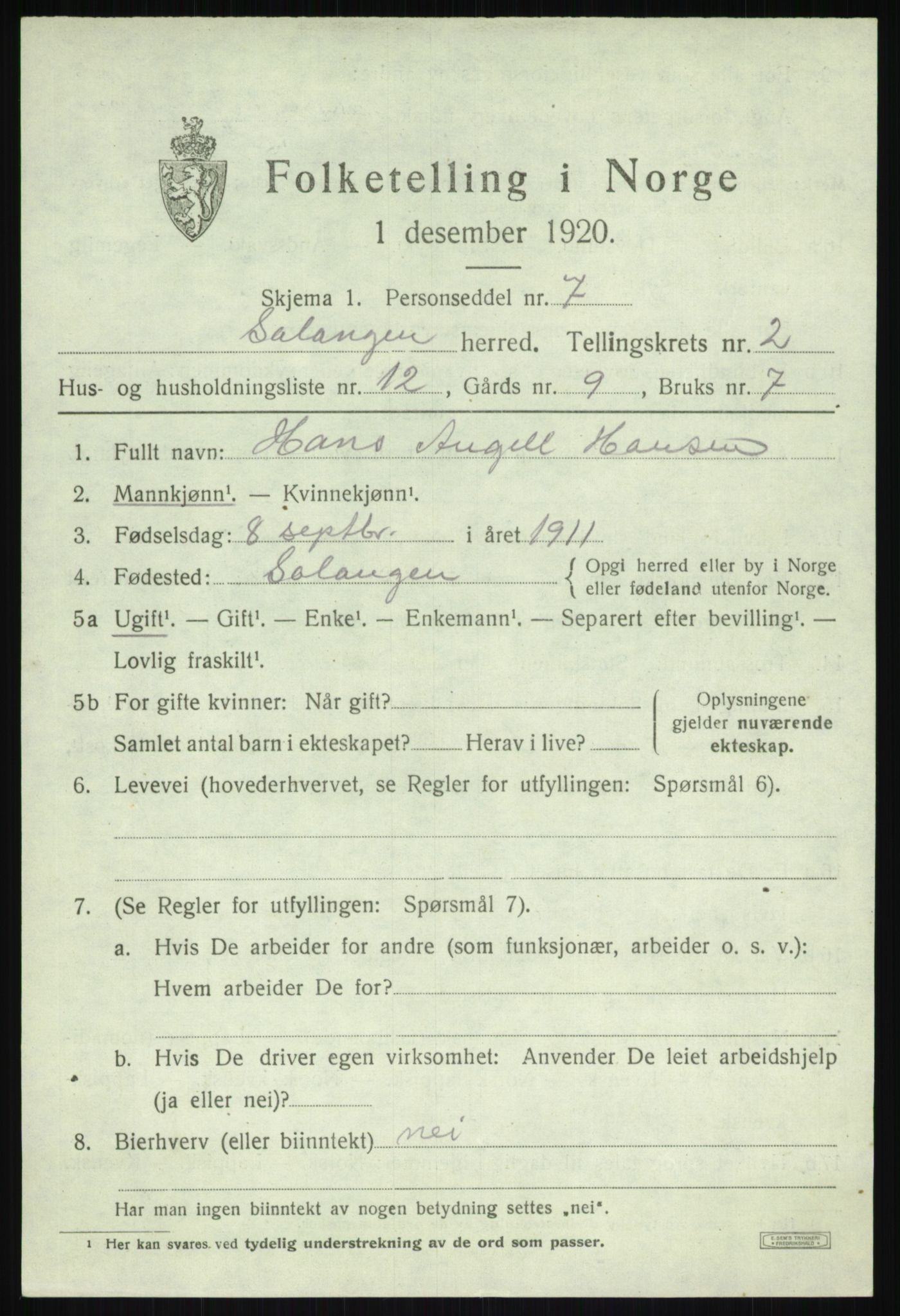 SATØ, 1920 census for Salangen, 1920, p. 1322