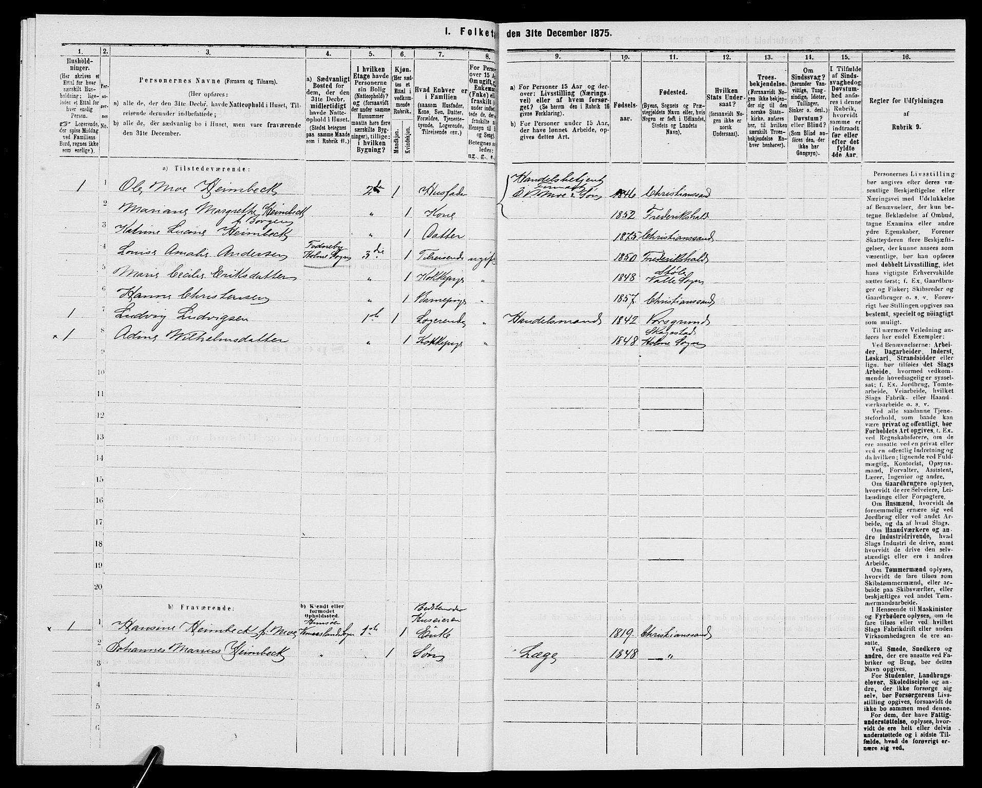 SAK, 1875 census for 1001P Kristiansand, 1875, p. 1949