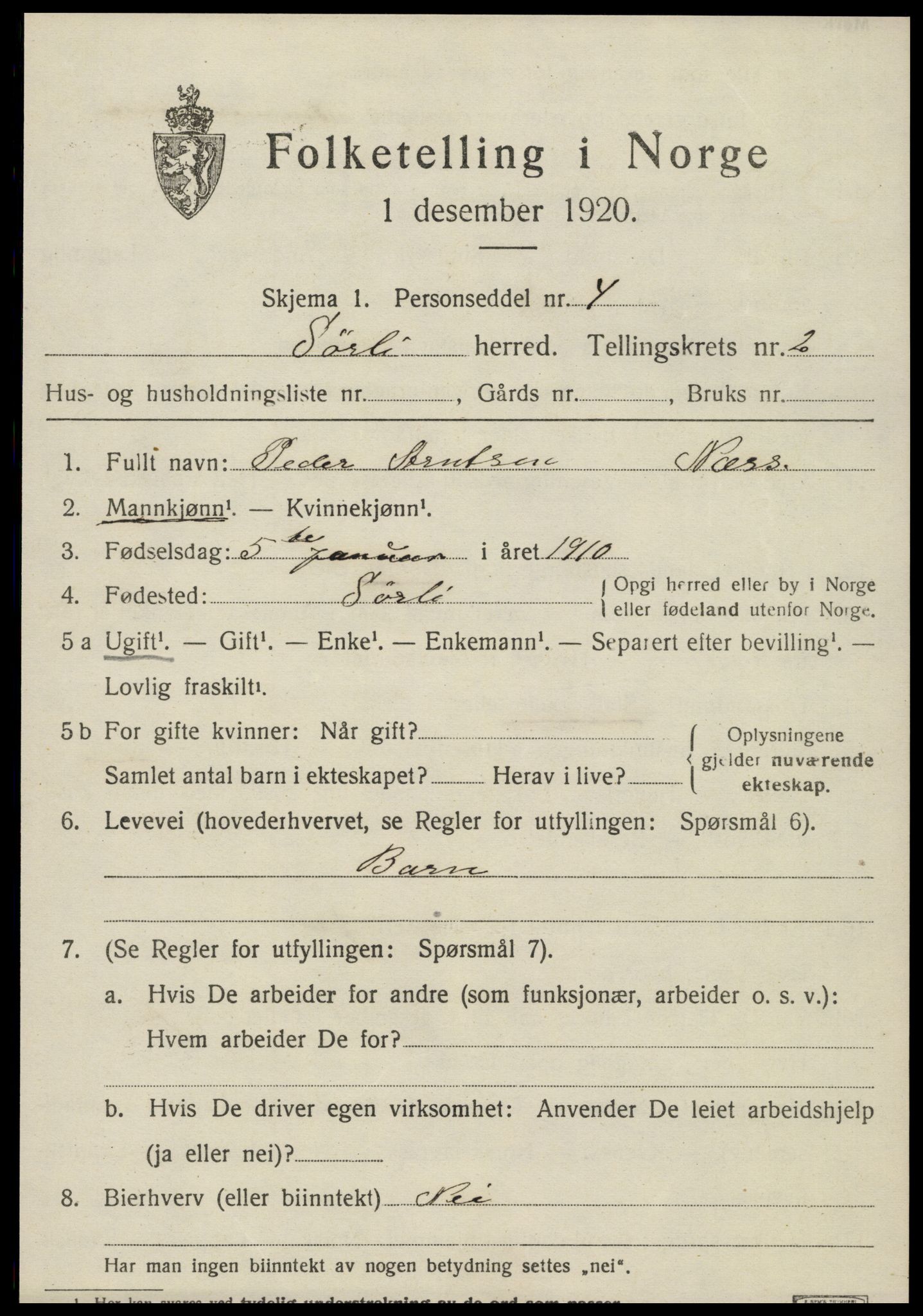 SAT, 1920 census for Sørli, 1920, p. 1051