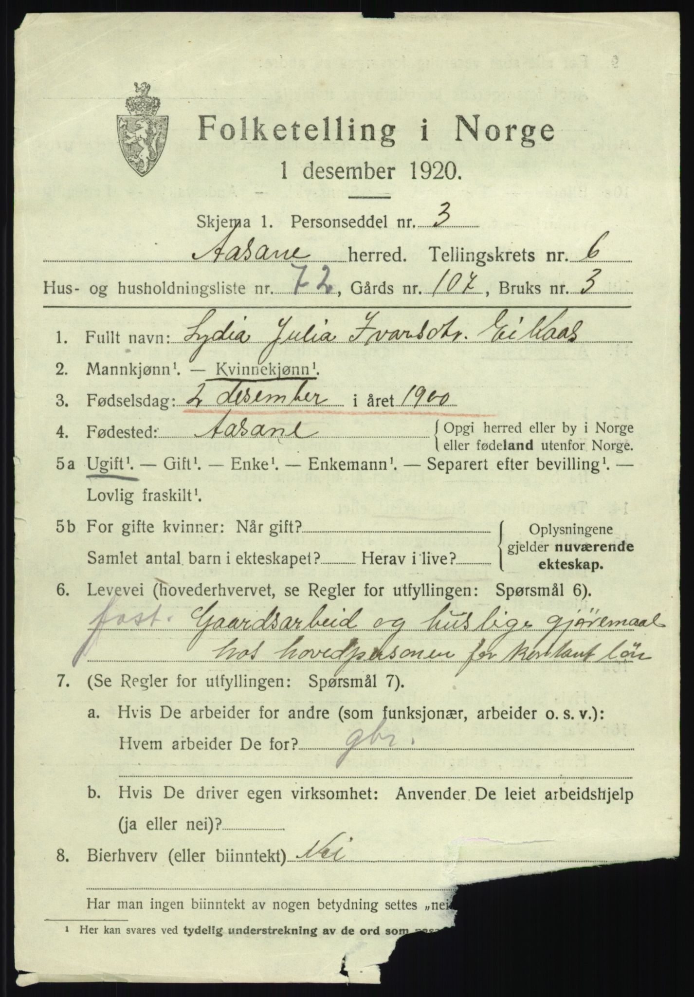 SAB, 1920 census for Åsane, 1920, p. 5103