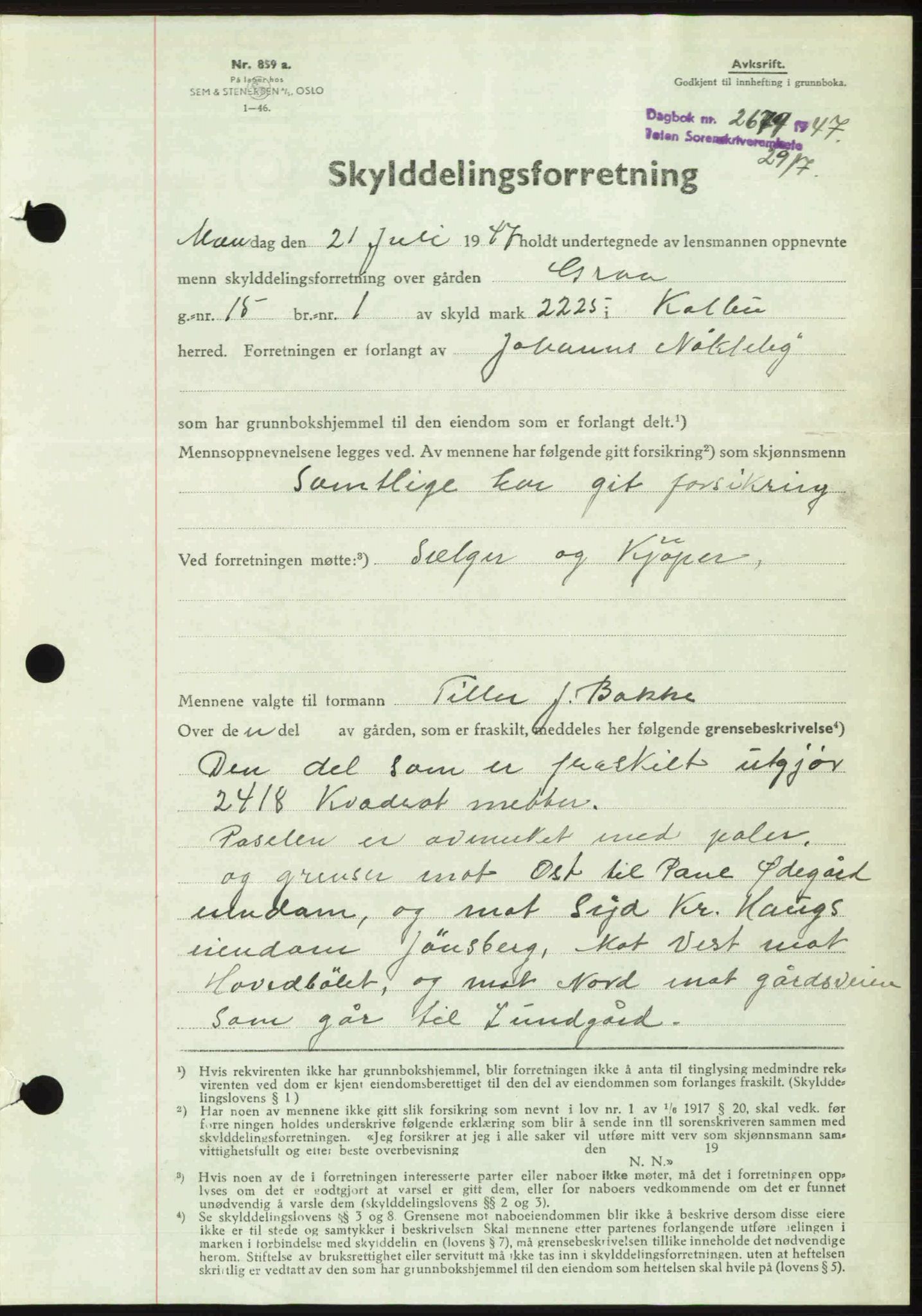 Toten tingrett, AV/SAH-TING-006/H/Hb/Hbc/L0017: Mortgage book no. Hbc-17, 1947-1947, Diary no: : 2679/1947