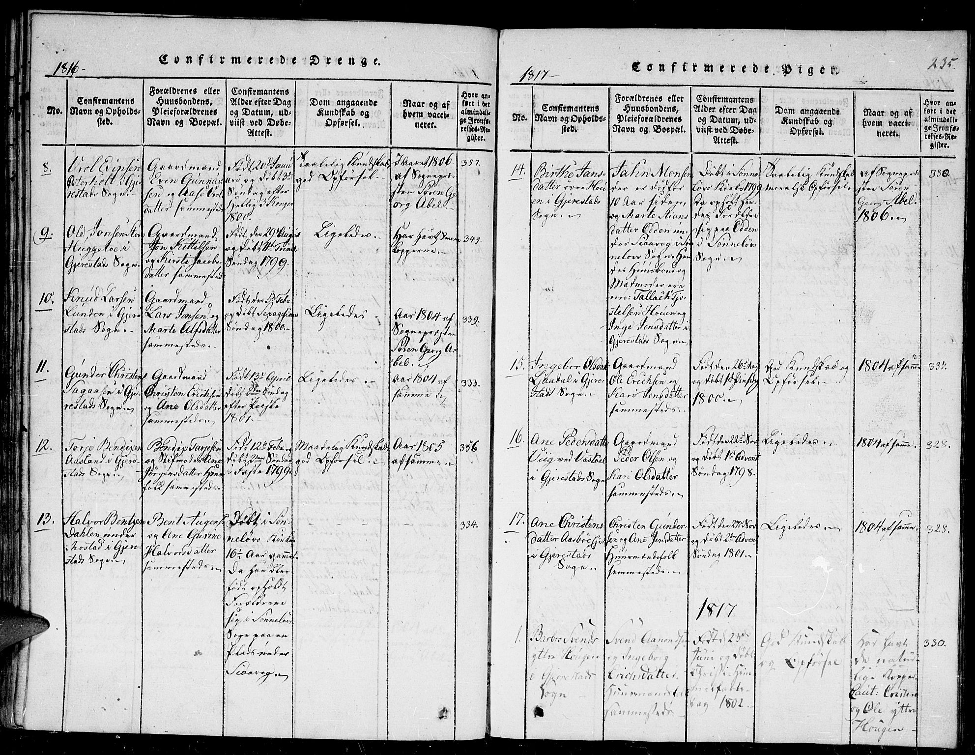 Gjerstad sokneprestkontor, SAK/1111-0014/F/Fb/Fba/L0002: Parish register (copy) no. B 2, 1816-1845, p. 235