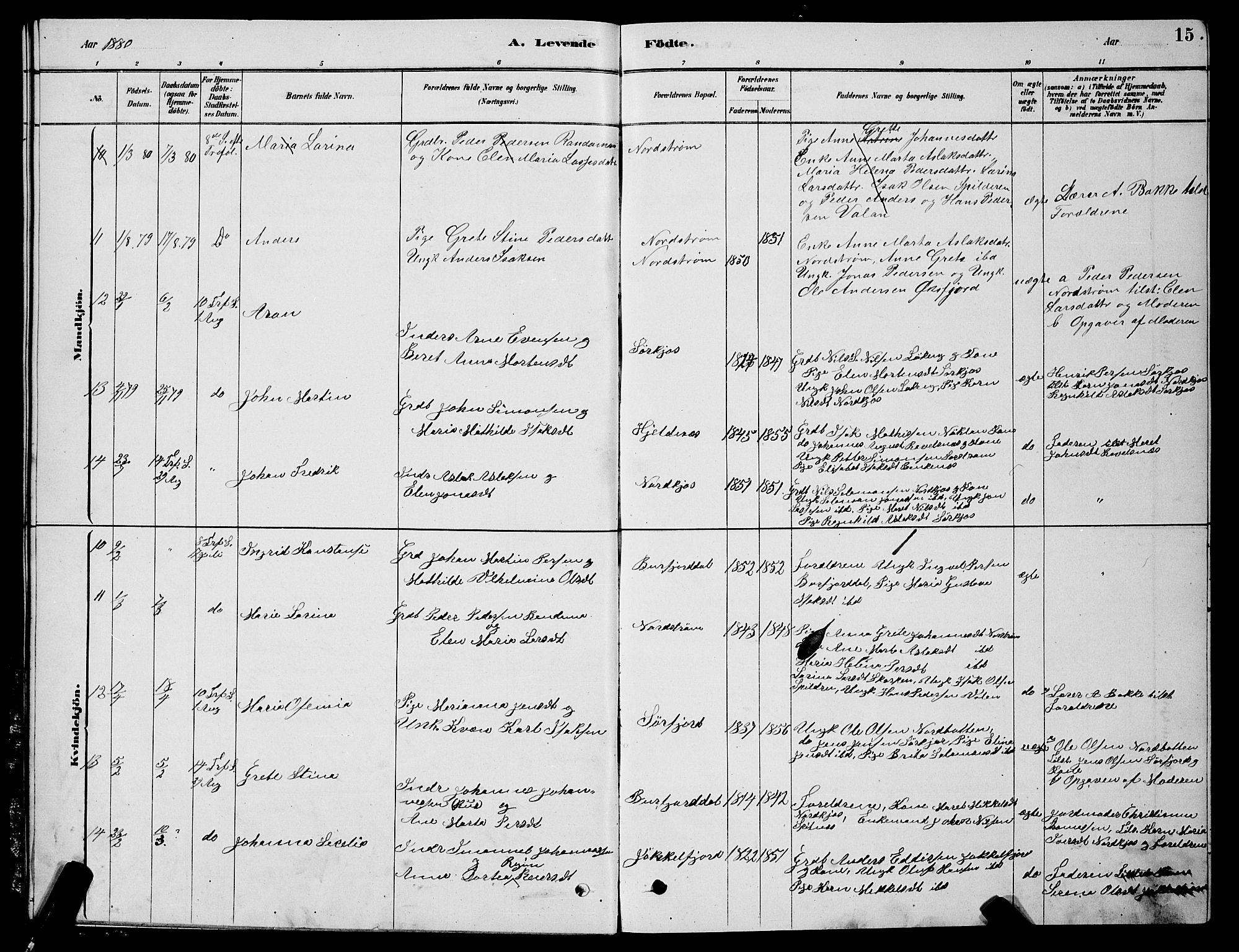 Skjervøy sokneprestkontor, AV/SATØ-S-1300/H/Ha/Hab/L0015klokker: Parish register (copy) no. 15, 1878-1890, p. 15