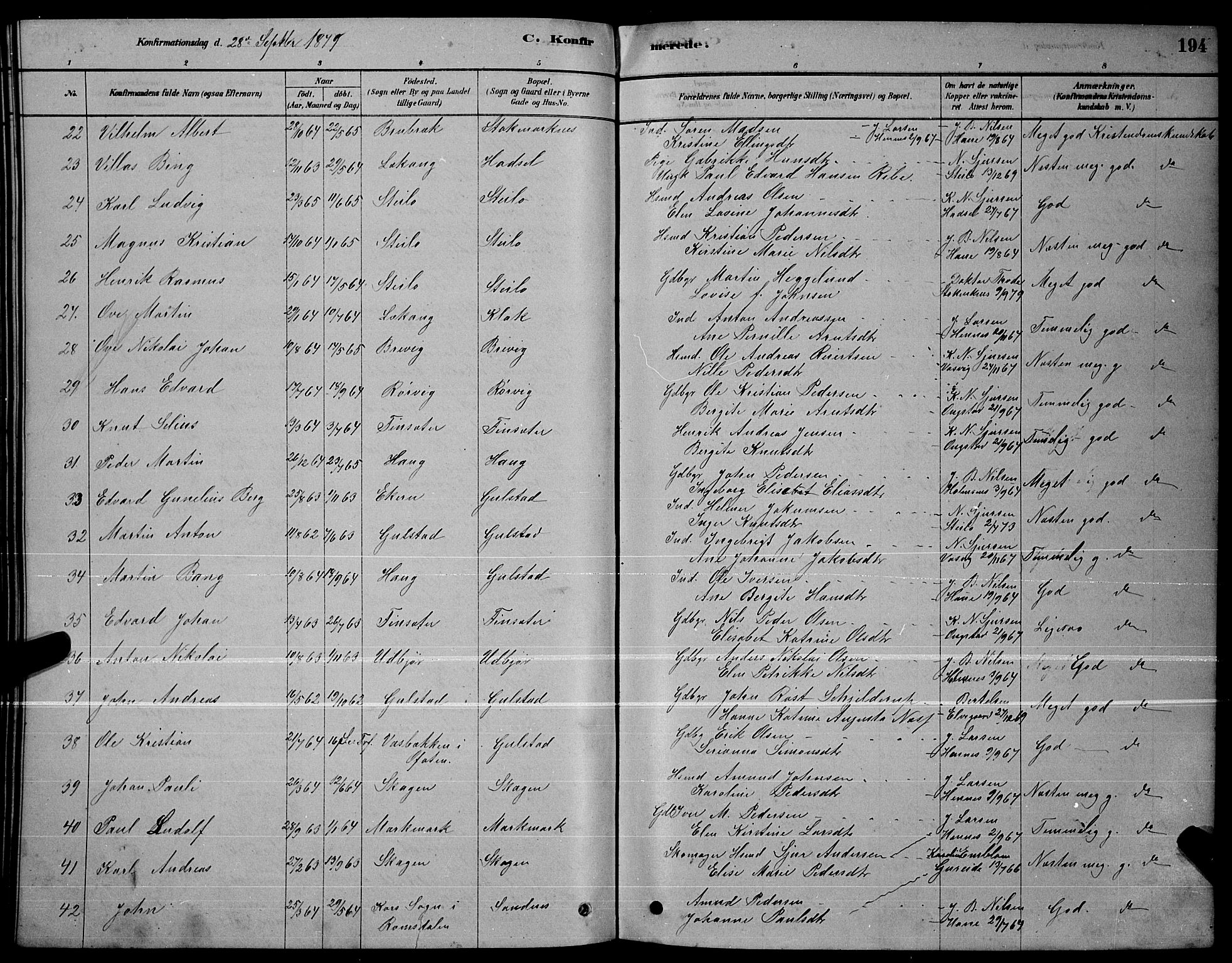 Ministerialprotokoller, klokkerbøker og fødselsregistre - Nordland, AV/SAT-A-1459/888/L1267: Parish register (copy) no. 888C05, 1878-1890, p. 194