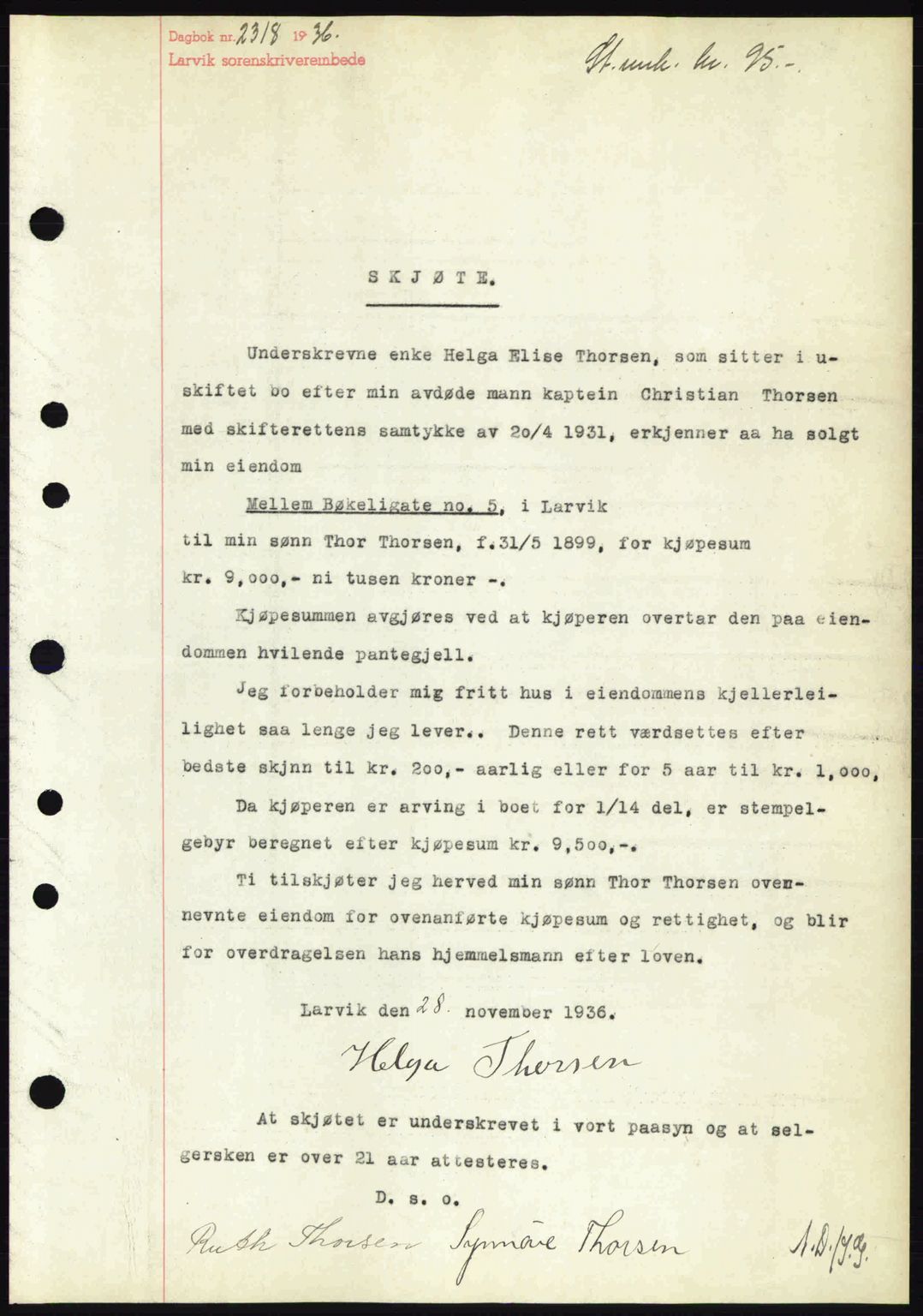 Larvik sorenskriveri, SAKO/A-83/G/Ga/Gab/L0067: Mortgage book no. A-1, 1936-1937, Diary no: : 2318/1936