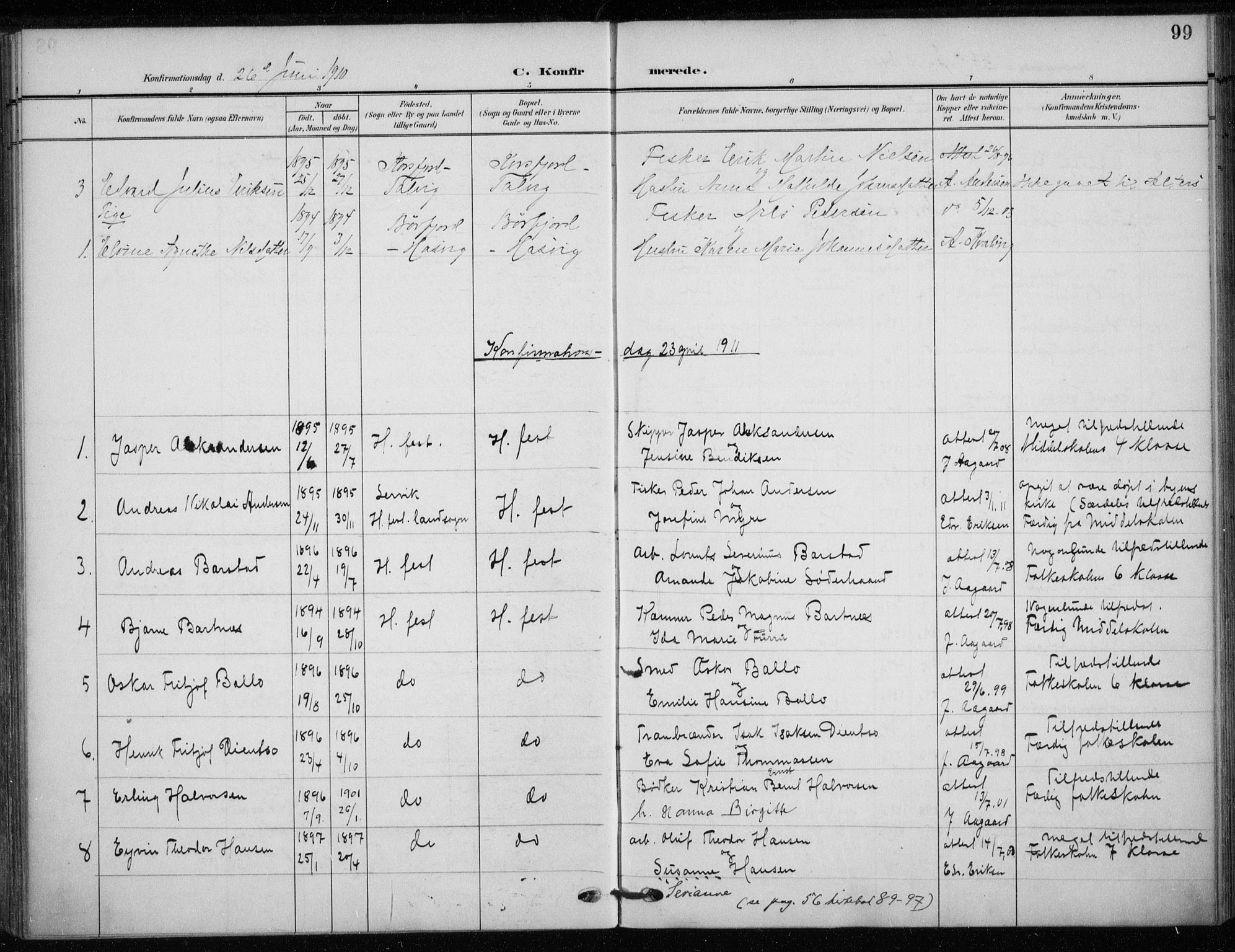 Hammerfest sokneprestkontor, SATØ/S-1347/H/Ha/L0014.kirke: Parish register (official) no. 14, 1906-1916, p. 99