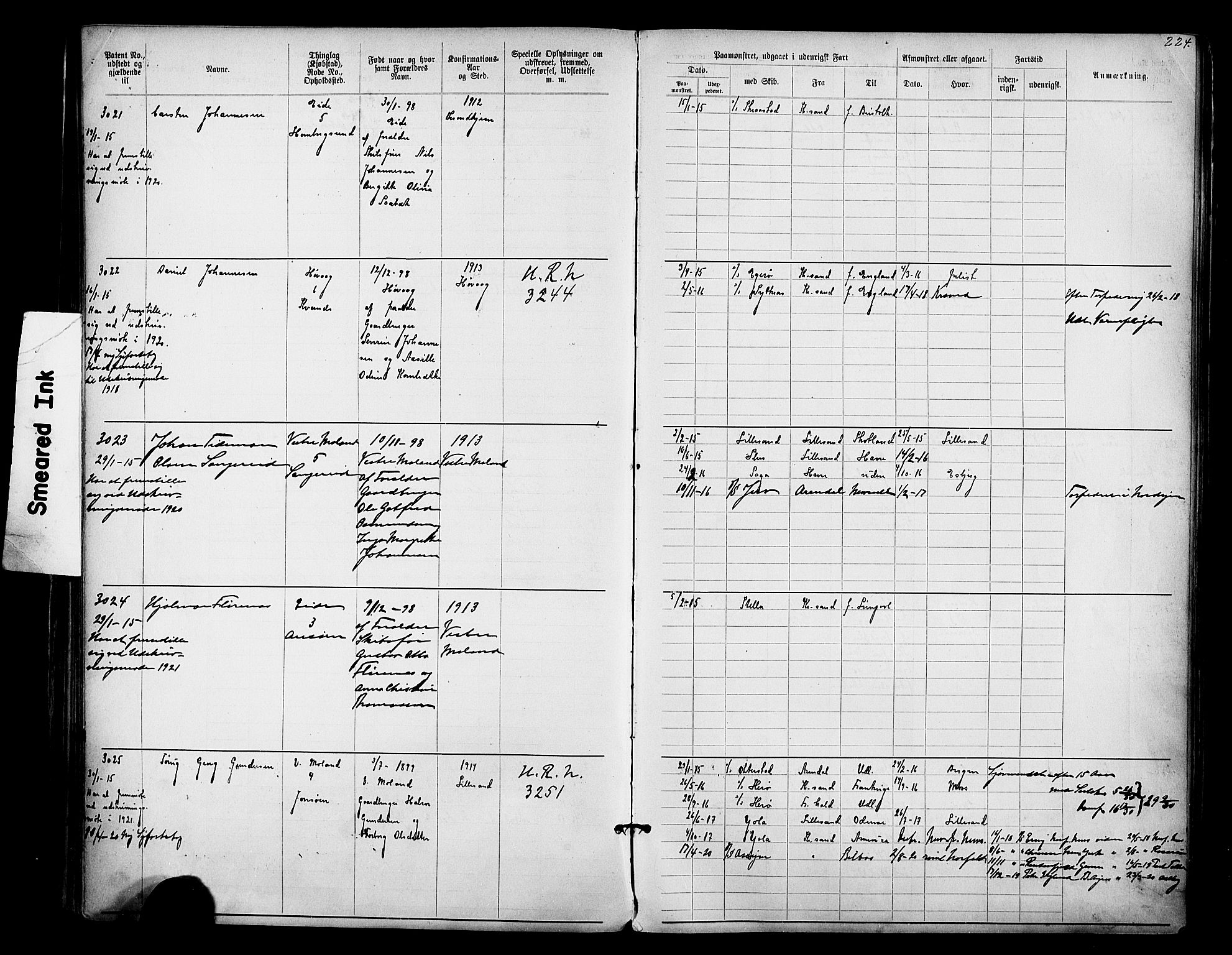 Lillesand mønstringskrets, AV/SAK-2031-0014/F/Fa/L0003: Annotasjonsrulle nr 1911-3489 med register, W-9, 1891-1932, p. 255