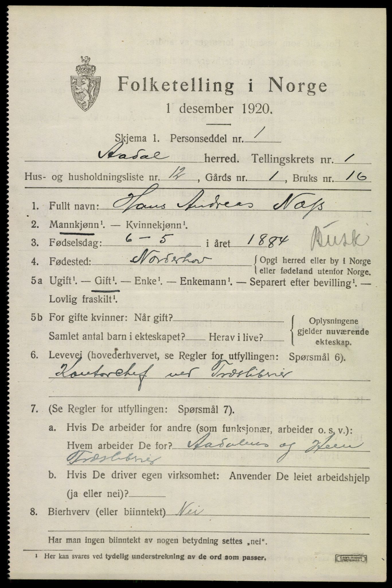 SAKO, 1920 census for Ådal, 1920, p. 1348