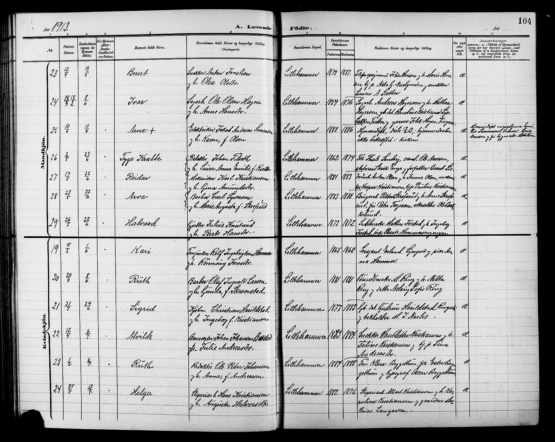 Lillehammer prestekontor, AV/SAH-PREST-088/H/Ha/Hab/L0001: Parish register (copy) no. 1, 1901-1913, p. 104