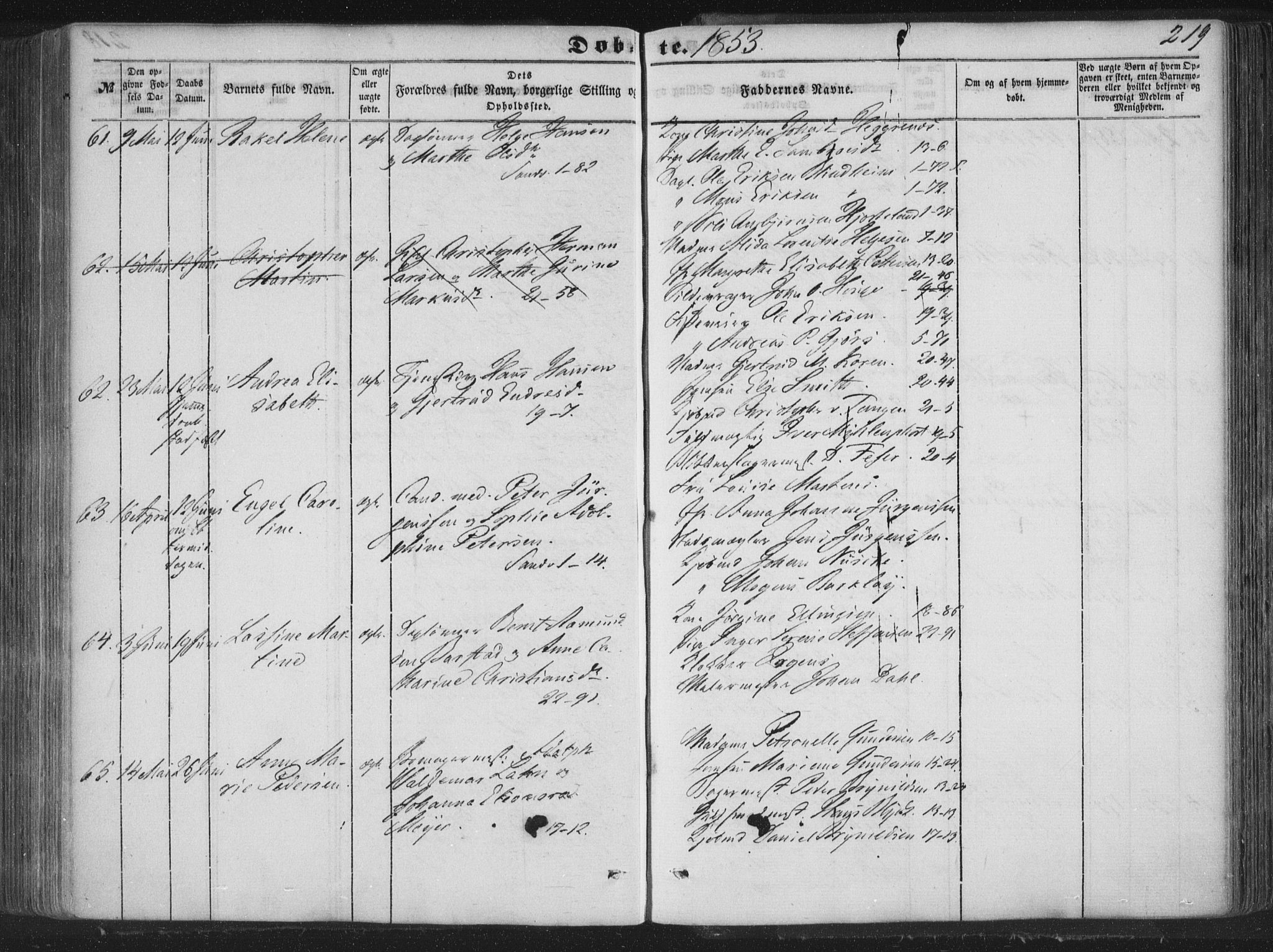 Korskirken sokneprestembete, AV/SAB-A-76101/H/Haa/L0017: Parish register (official) no. B 3, 1851-1857, p. 219