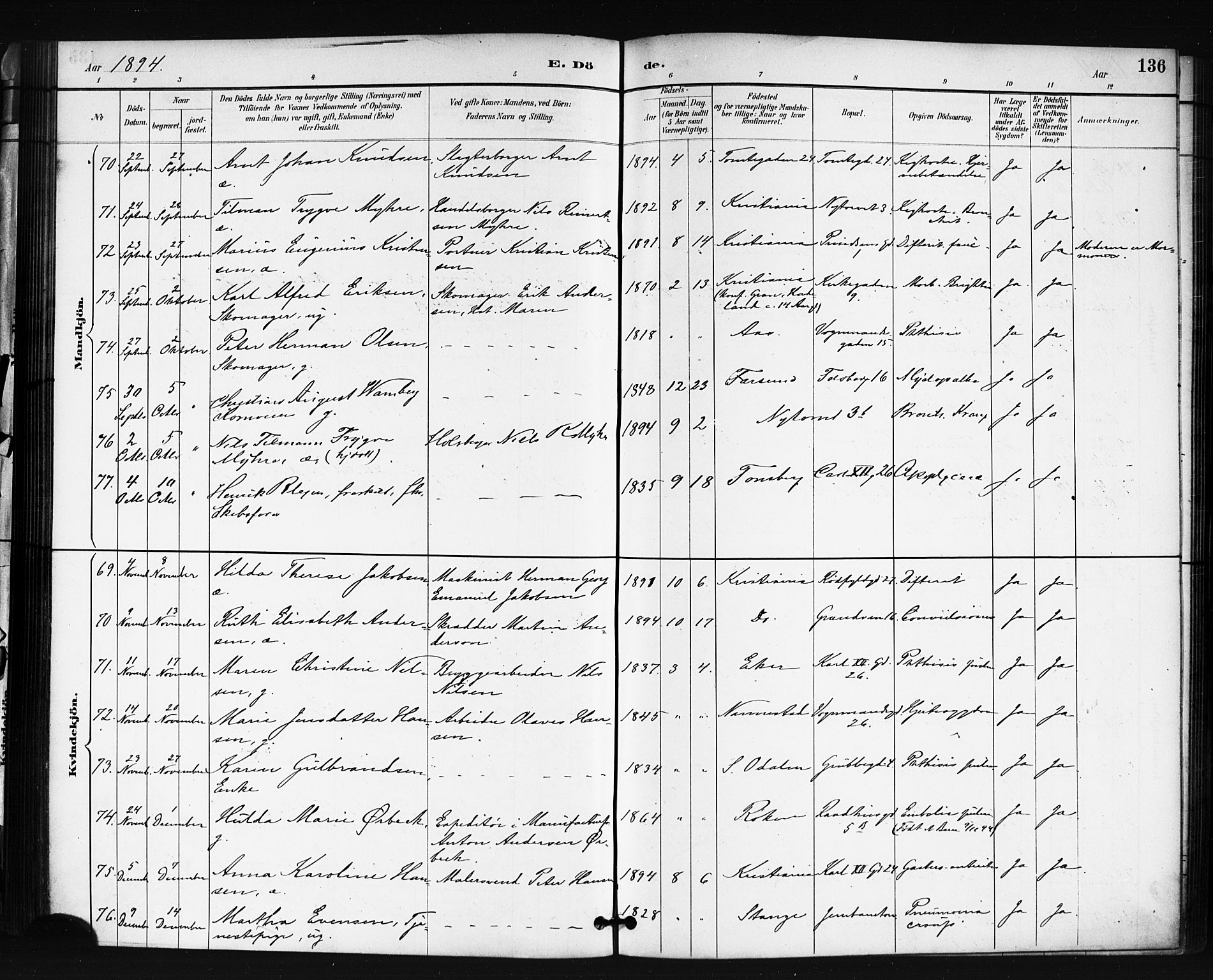 Oslo domkirke Kirkebøker, SAO/A-10752/F/Fa/L0035: Parish register (official) no. 35, 1885-1901, p. 136