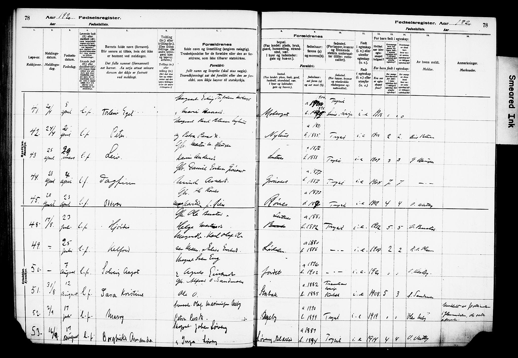 Trysil prestekontor, AV/SAH-PREST-046/I/Id/Ida/L0001: Birth register no. I 1, 1916-1927, p. 78