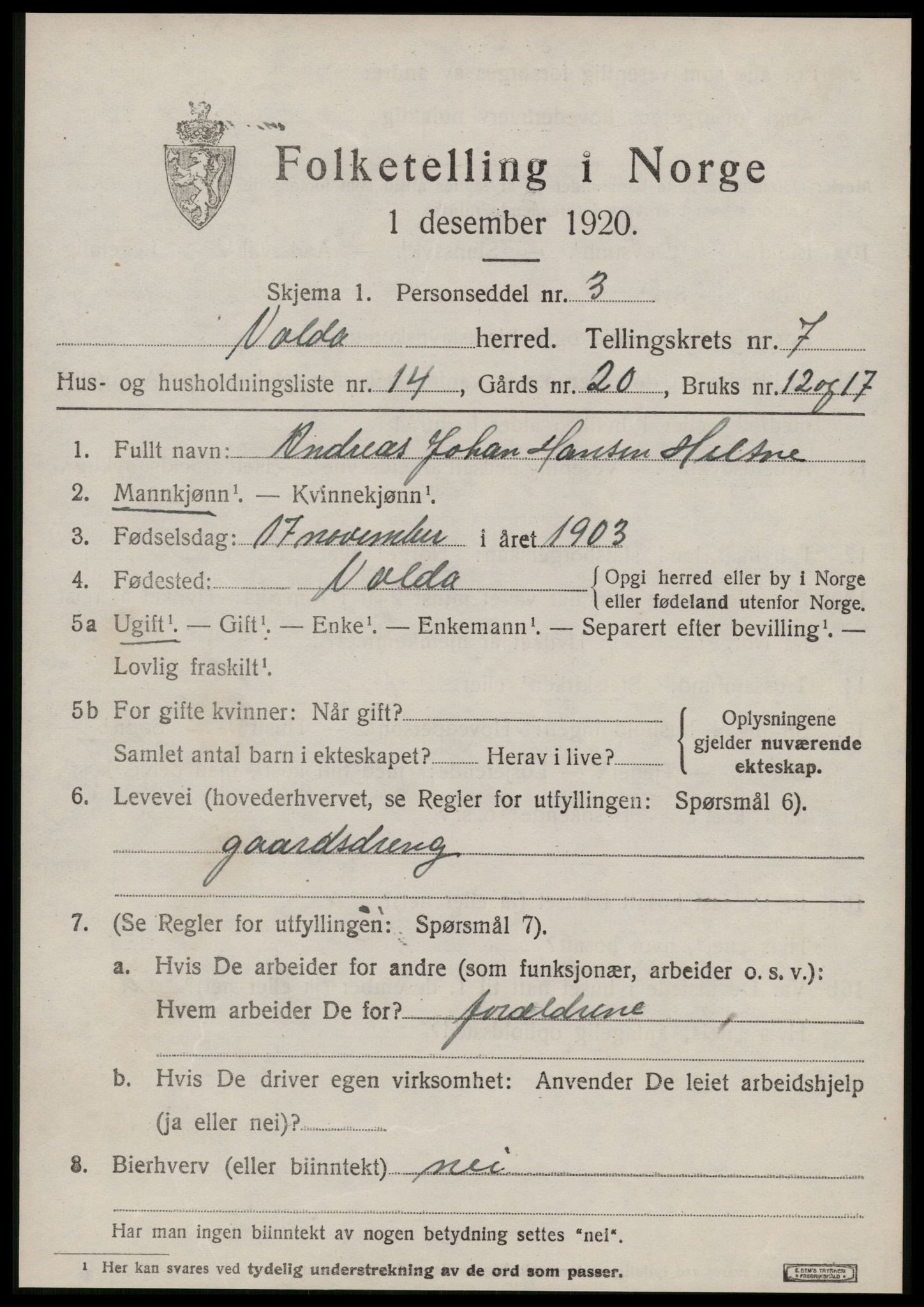 SAT, 1920 census for Volda, 1920, p. 6298