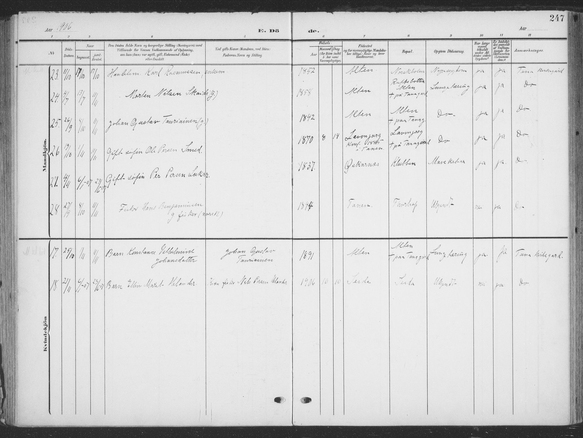 Tana sokneprestkontor, AV/SATØ-S-1334/H/Ha/L0007kirke: Parish register (official) no. 7, 1904-1918, p. 247