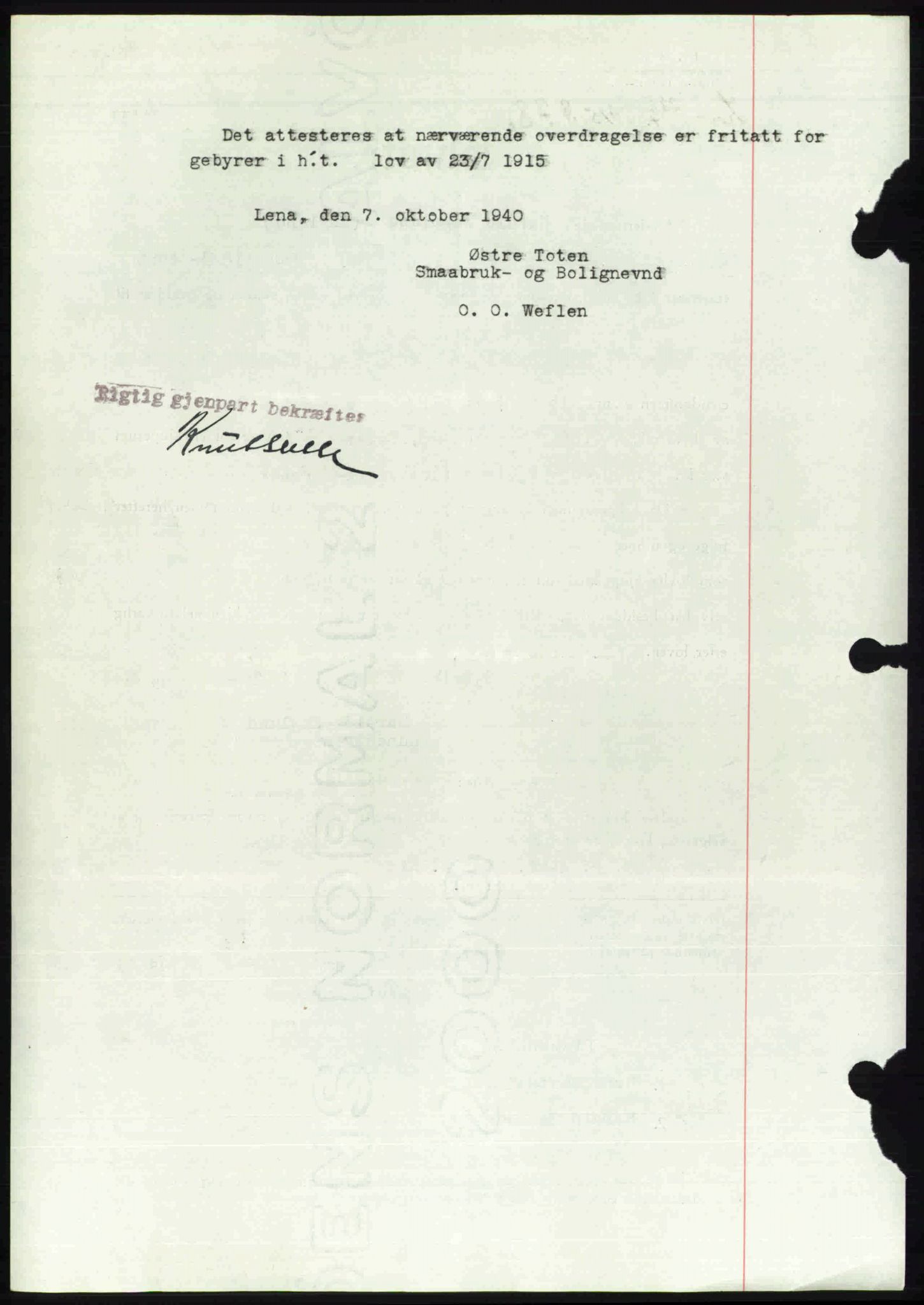 Toten tingrett, SAH/TING-006/H/Hb/Hbc/L0007: Mortgage book no. Hbc-07, 1939-1940, Diary no: : 1400/1940
