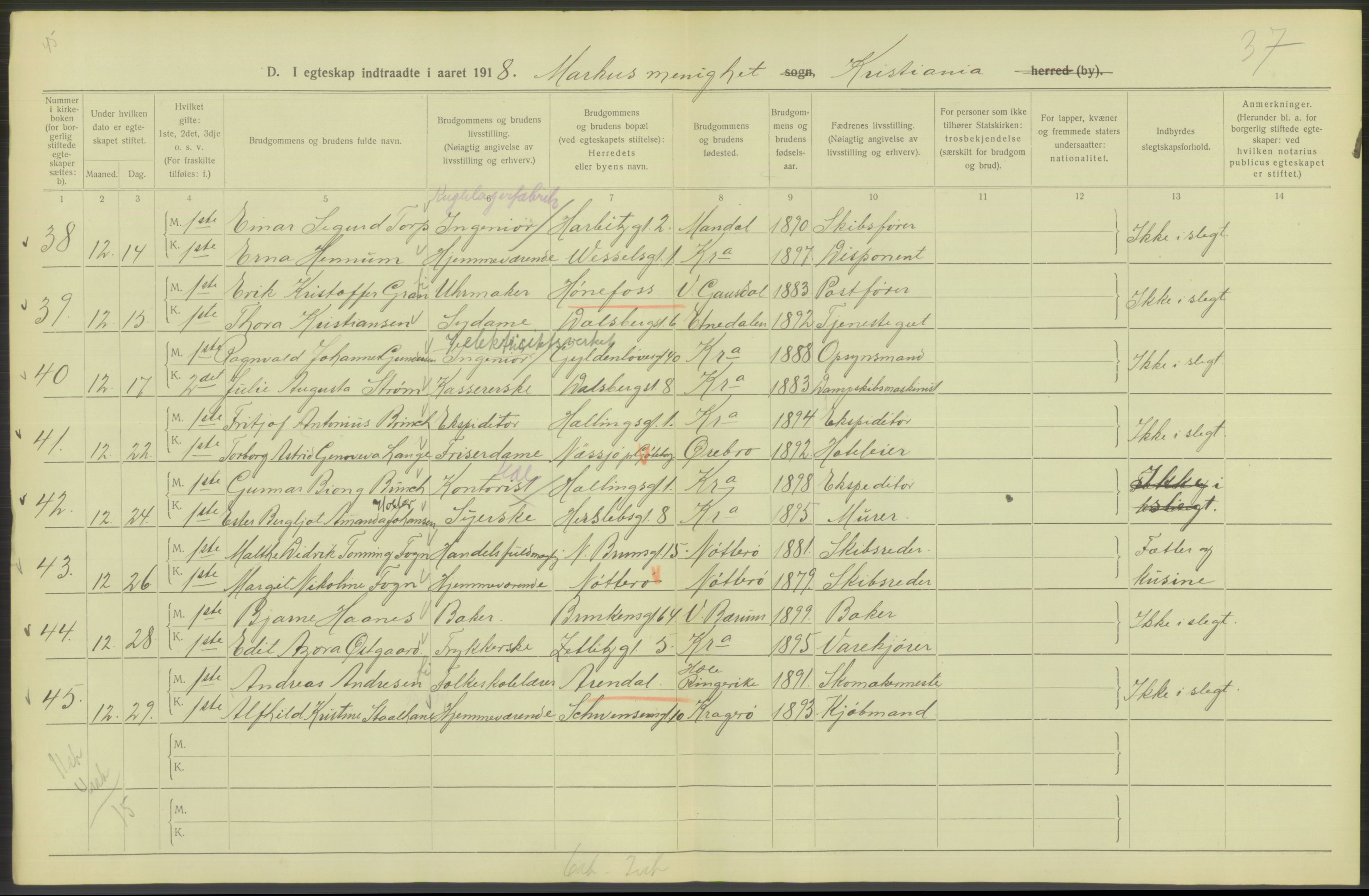 Statistisk sentralbyrå, Sosiodemografiske emner, Befolkning, RA/S-2228/D/Df/Dfb/Dfbh/L0009: Kristiania: Gifte, 1918, p. 370