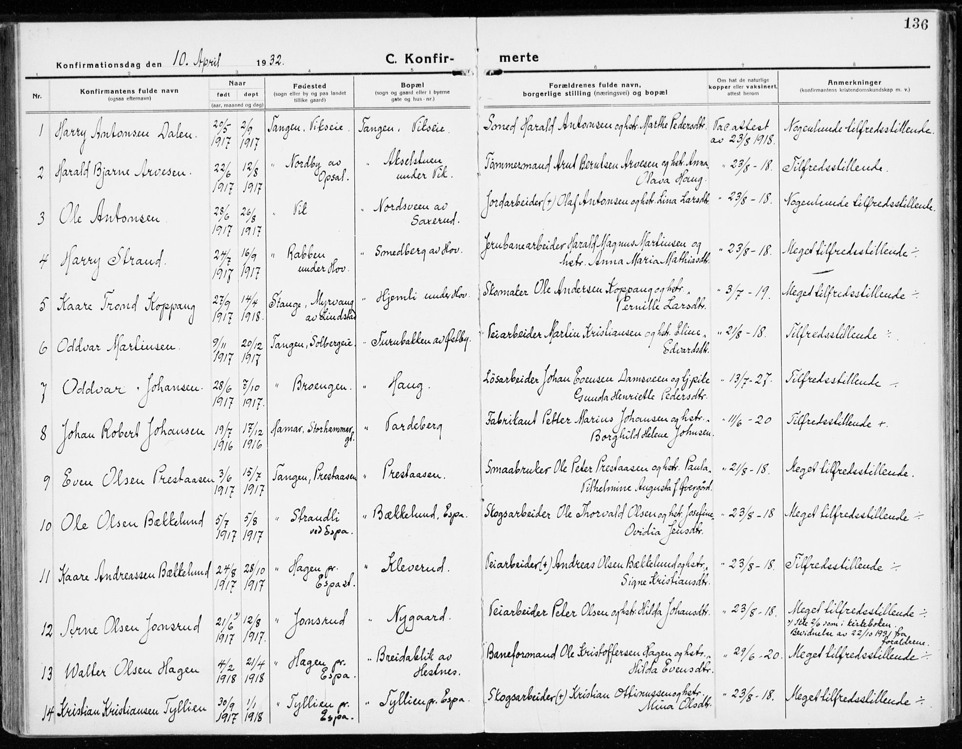 Stange prestekontor, SAH/PREST-002/K/L0025: Parish register (official) no. 25, 1921-1945, p. 136