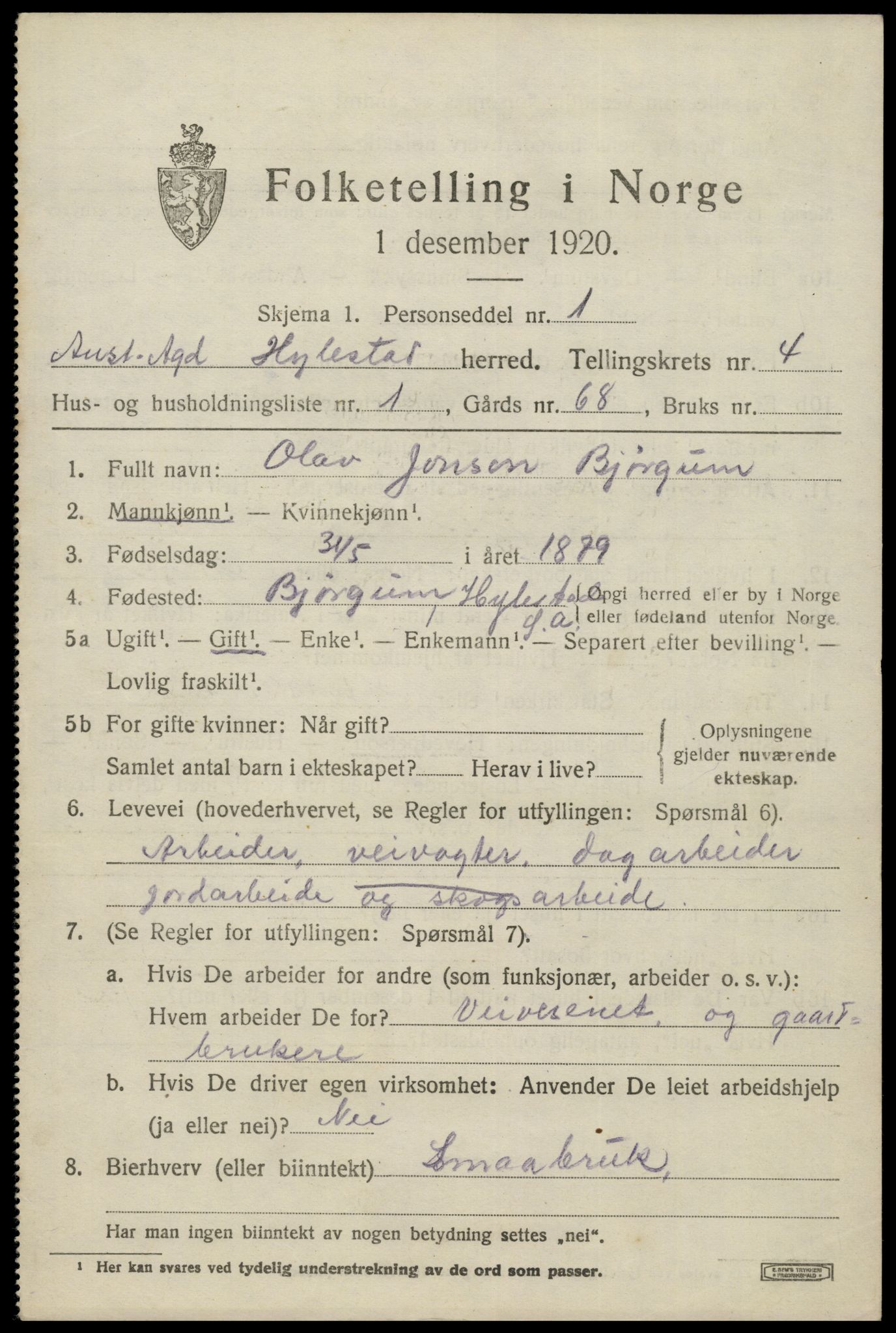 SAK, 1920 census for Hylestad, 1920, p. 1110