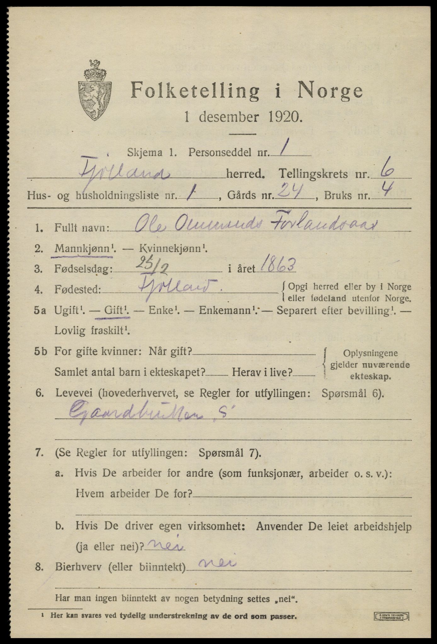 SAK, 1920 census for Fjotland, 1920, p. 1606