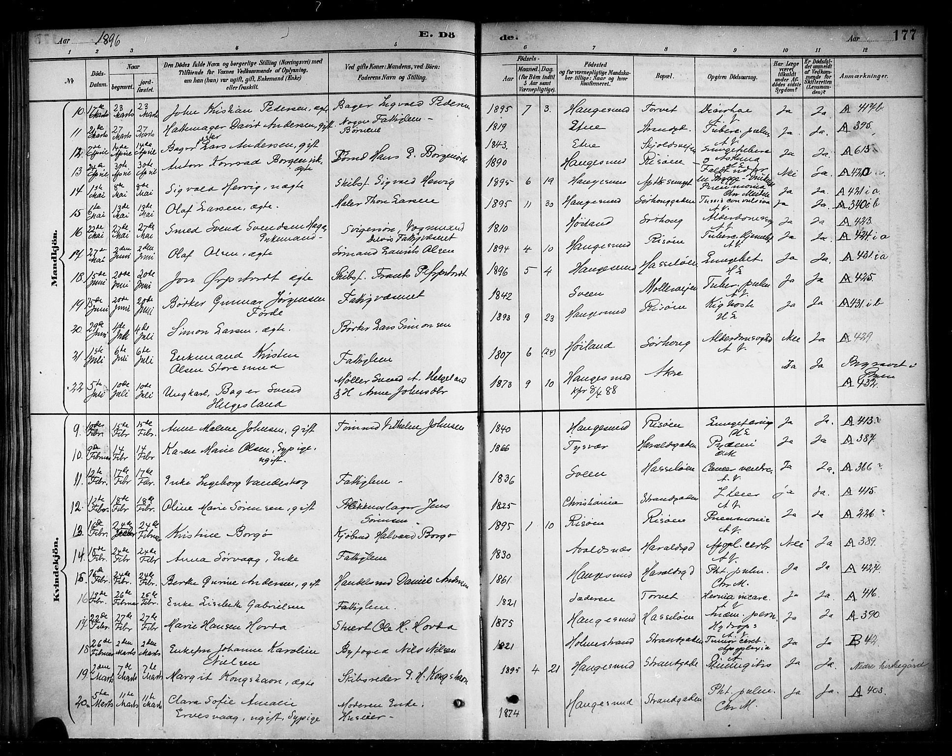 Haugesund sokneprestkontor, AV/SAST-A -101863/H/Ha/Haa/L0005: Parish register (official) no. A 5, 1891-1903, p. 177