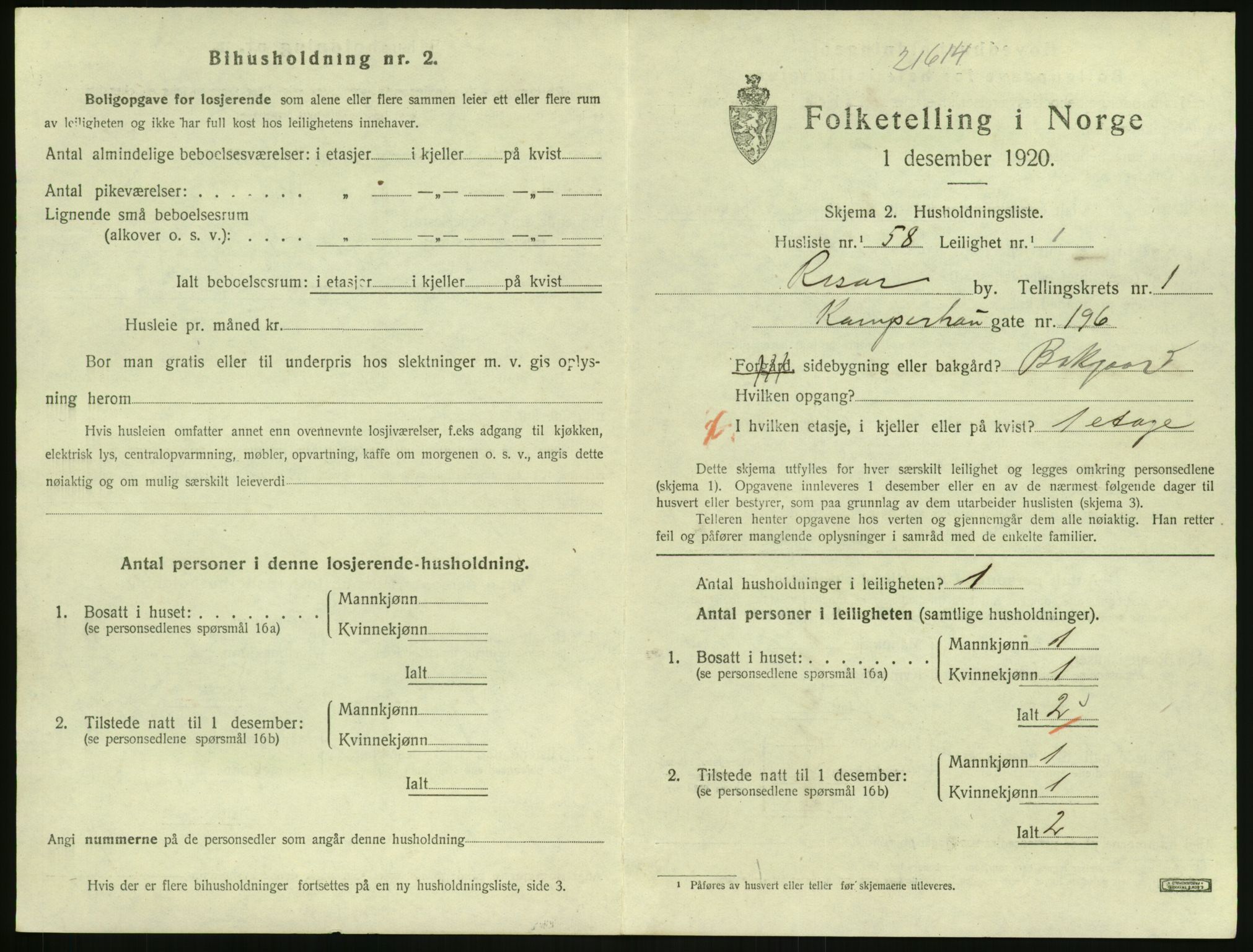 SAK, 1920 census for Risør, 1920, p. 1479