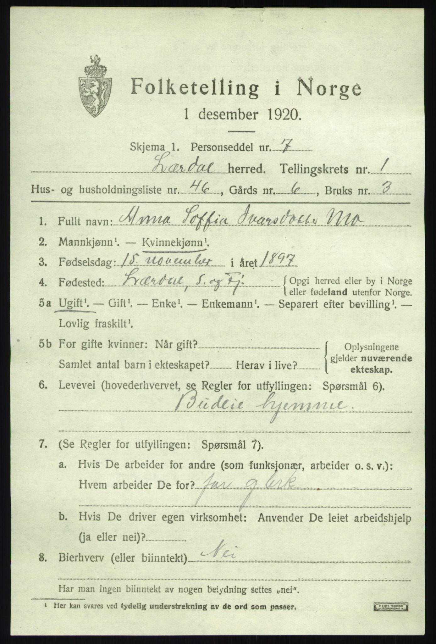 SAB, 1920 census for Lærdal, 1920, p. 1236