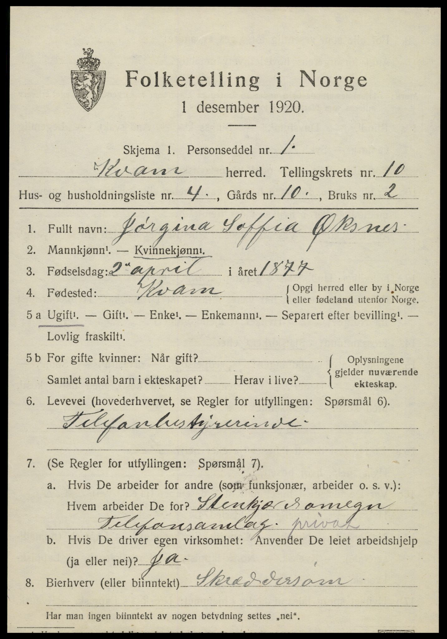 SAT, 1920 census for Kvam, 1920, p. 2543