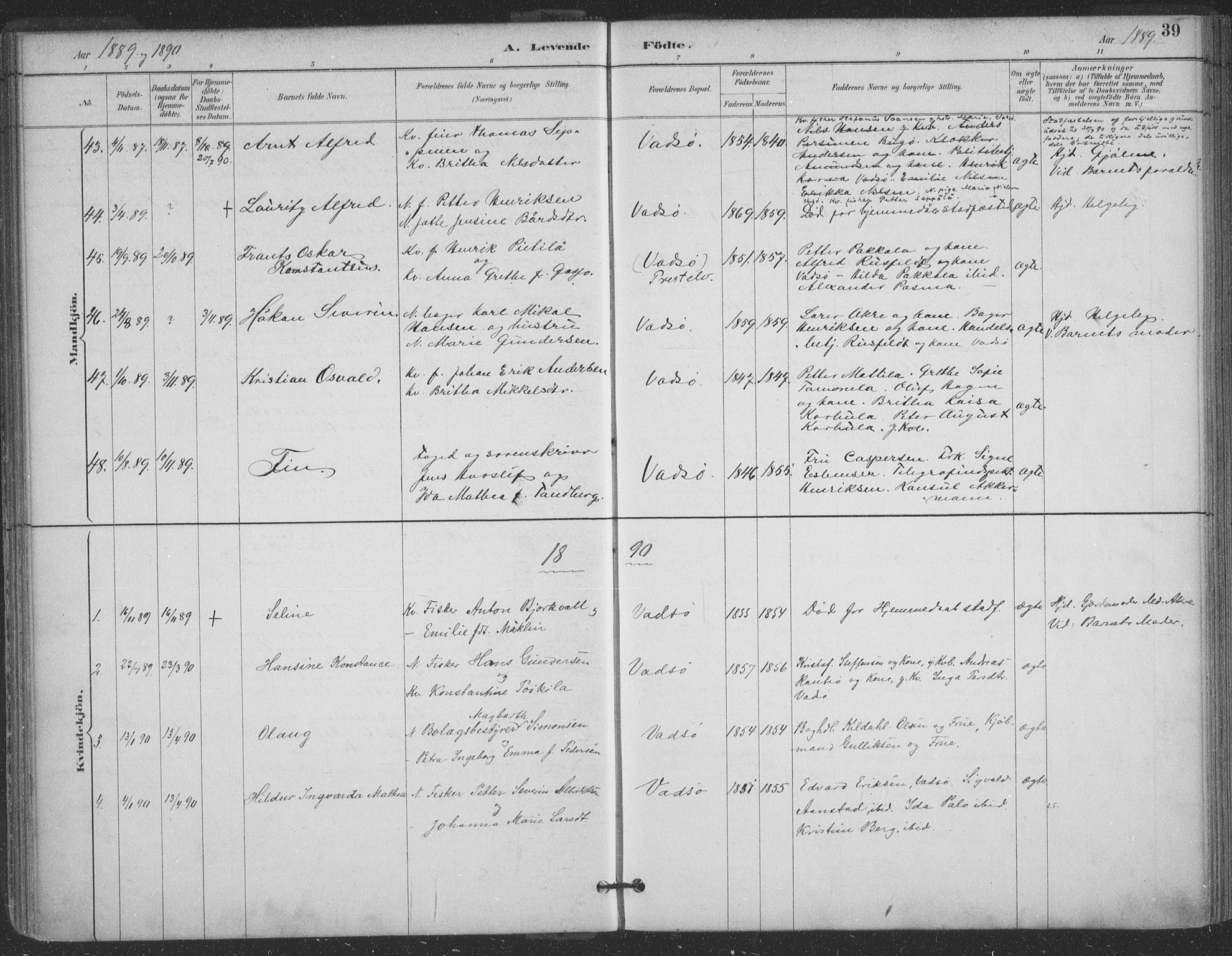 Vadsø sokneprestkontor, SATØ/S-1325/H/Ha/L0006kirke: Parish register (official) no. 6, 1885-1895, p. 39
