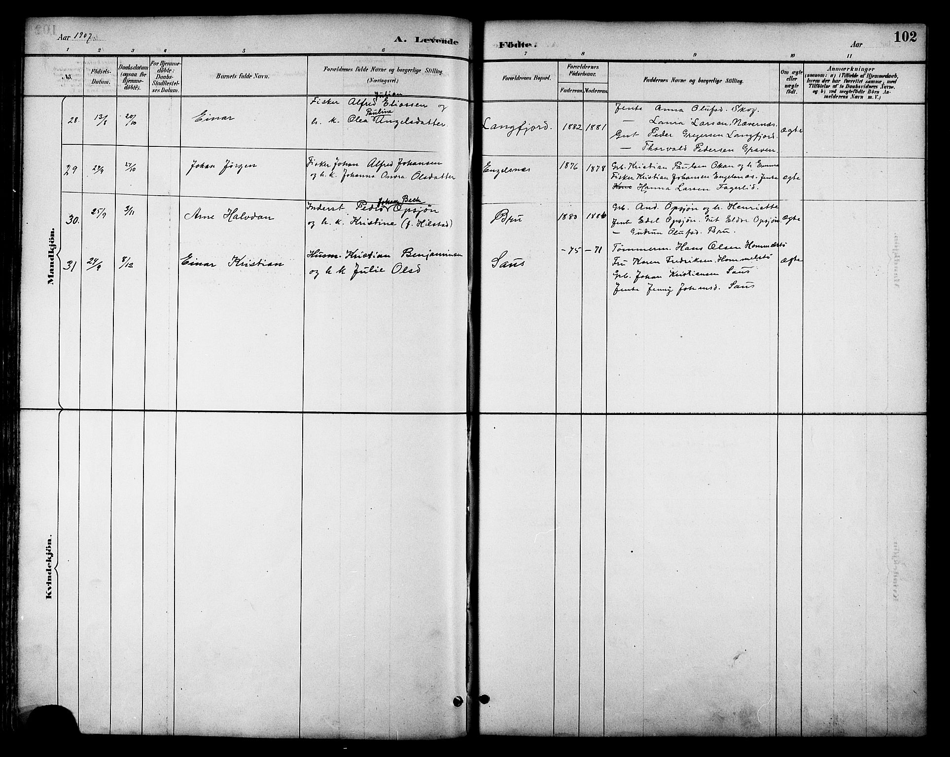 Ministerialprotokoller, klokkerbøker og fødselsregistre - Nordland, AV/SAT-A-1459/814/L0230: Parish register (copy) no. 814C03, 1884-1911, p. 102