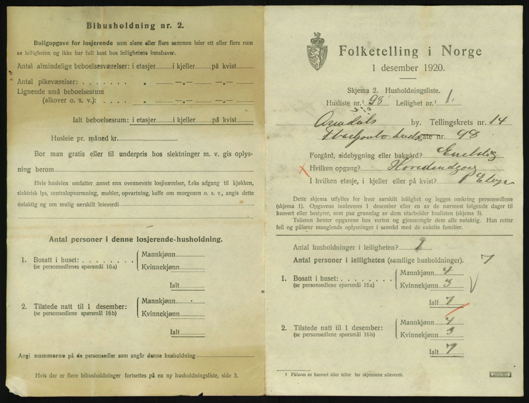 SAK, 1920 census for Arendal, 1920, p. 7216