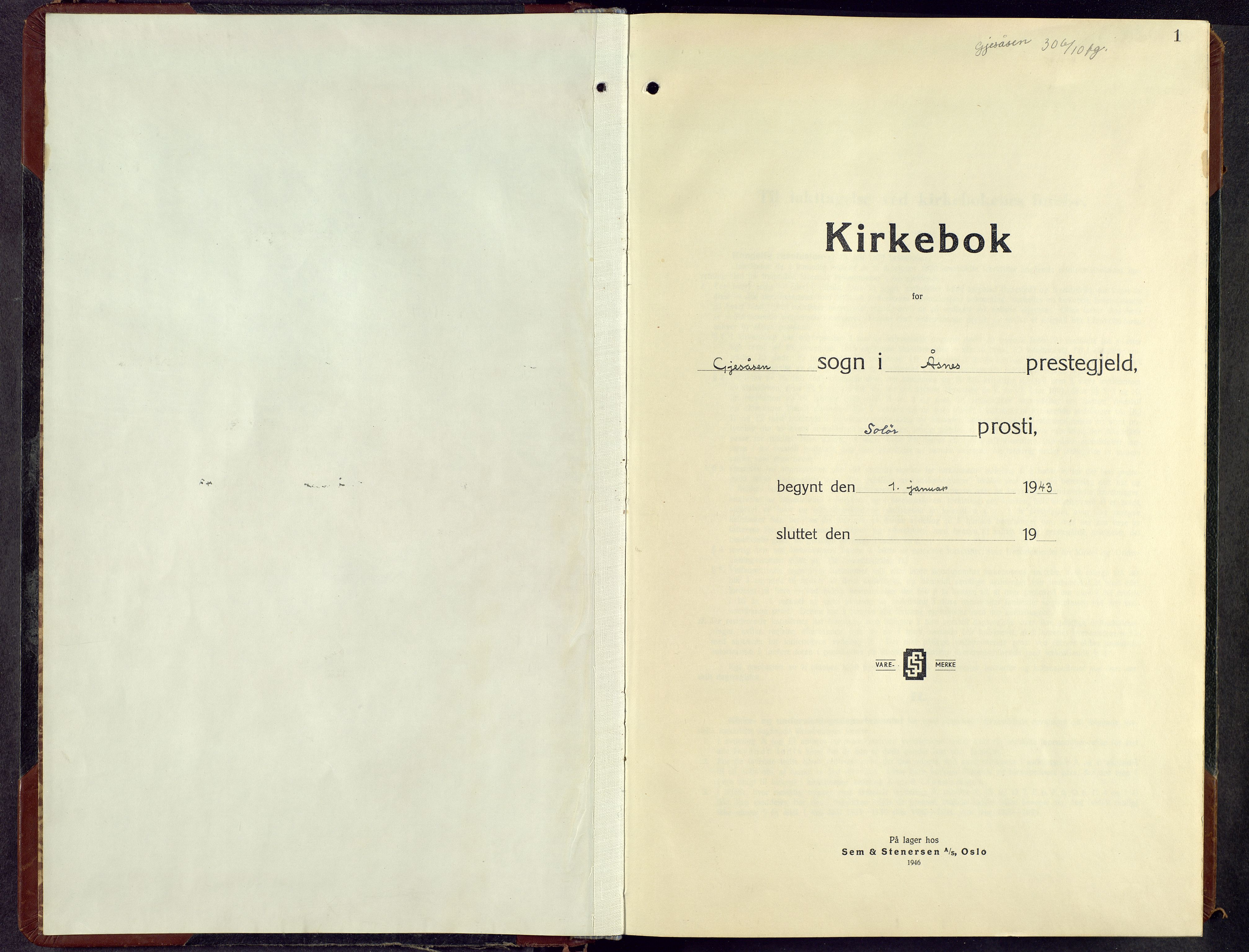 Åsnes prestekontor, AV/SAH-PREST-042/H/Ha/Hab/L0013: Parish register (copy) no. 13, 1943-1966, p. 1