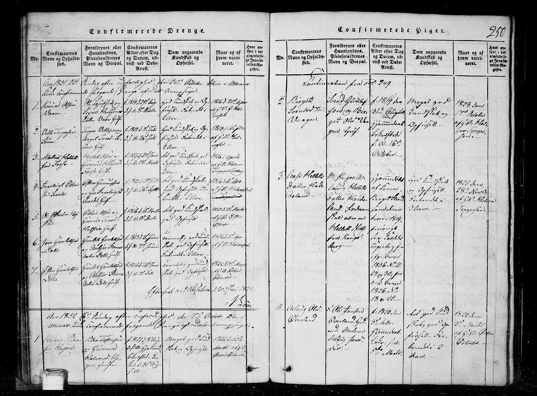 Tinn kirkebøker, SAKO/A-308/G/Gc/L0001: Parish register (copy) no. III 1, 1815-1879, p. 250