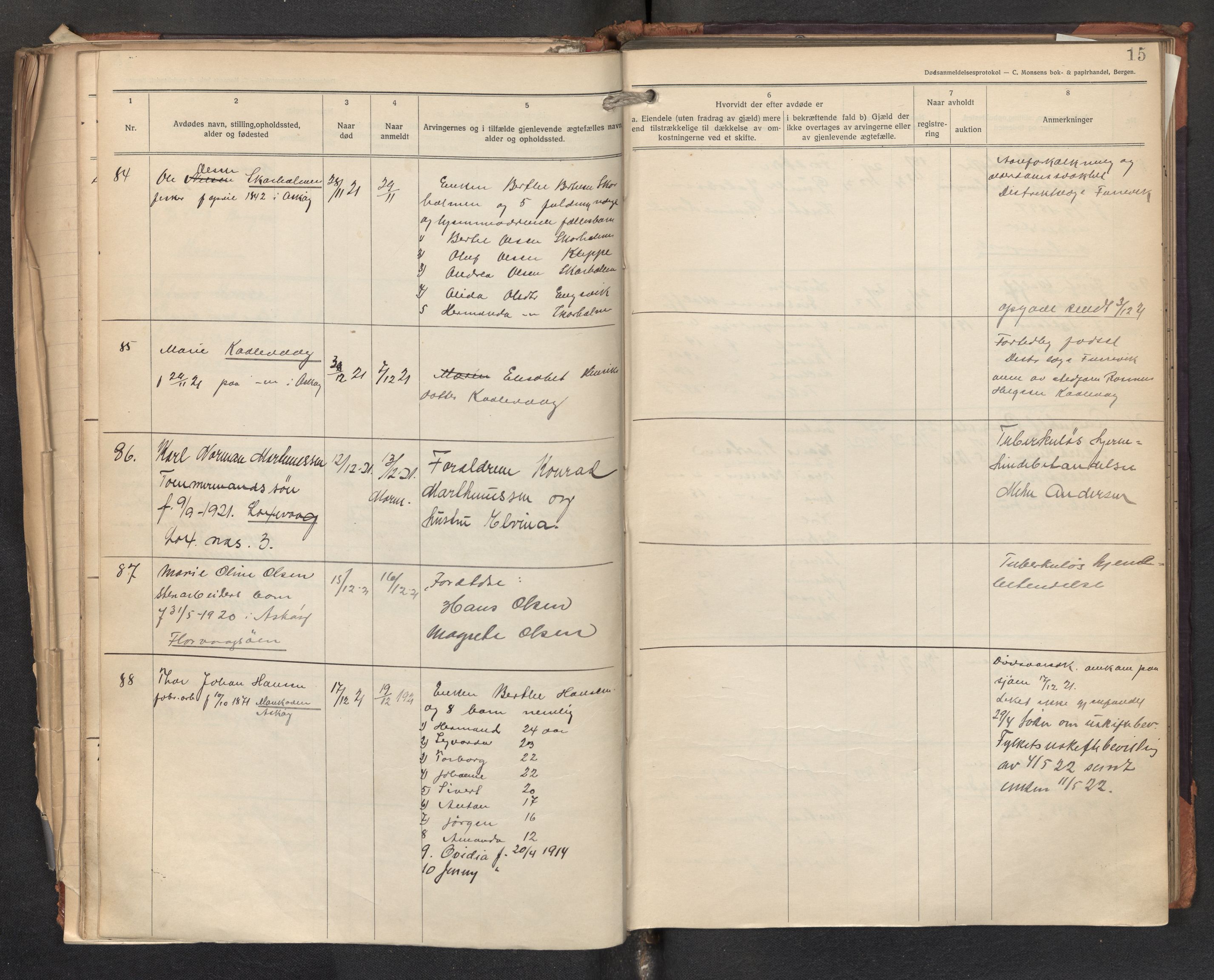 Lensmannen i Askøy, AV/SAB-A-31001/0006/L0002: Dødsfallprotokoll med register , 1921-1928, p. 15