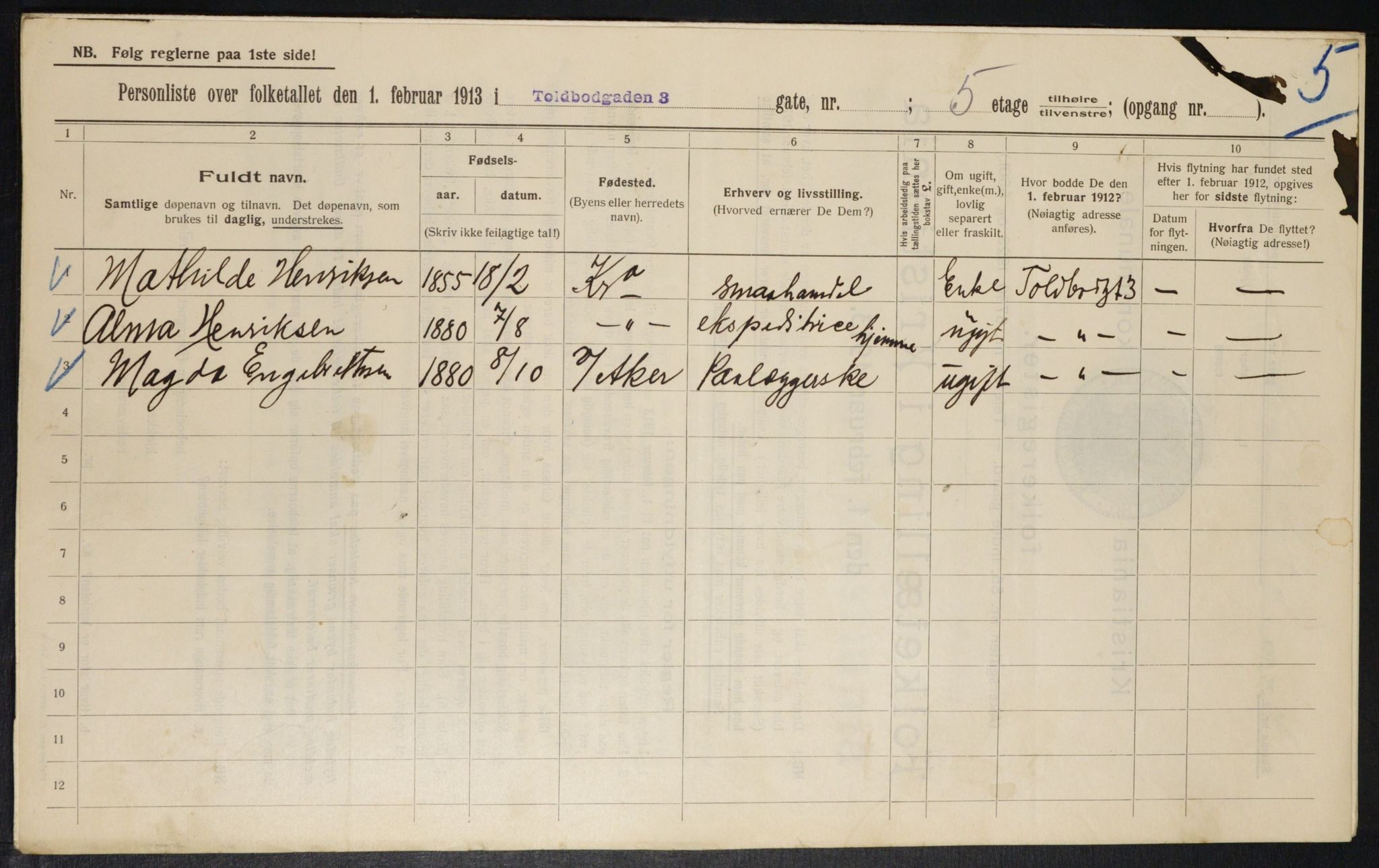 OBA, Municipal Census 1913 for Kristiania, 1913, p. 113121