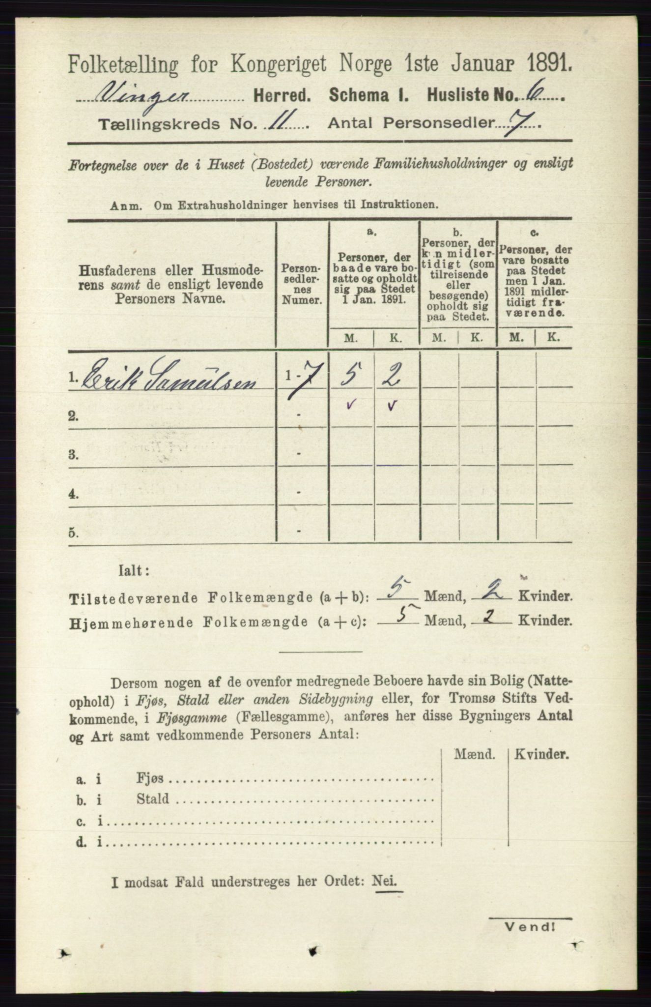 RA, 1891 census for 0421 Vinger, 1891, p. 5287