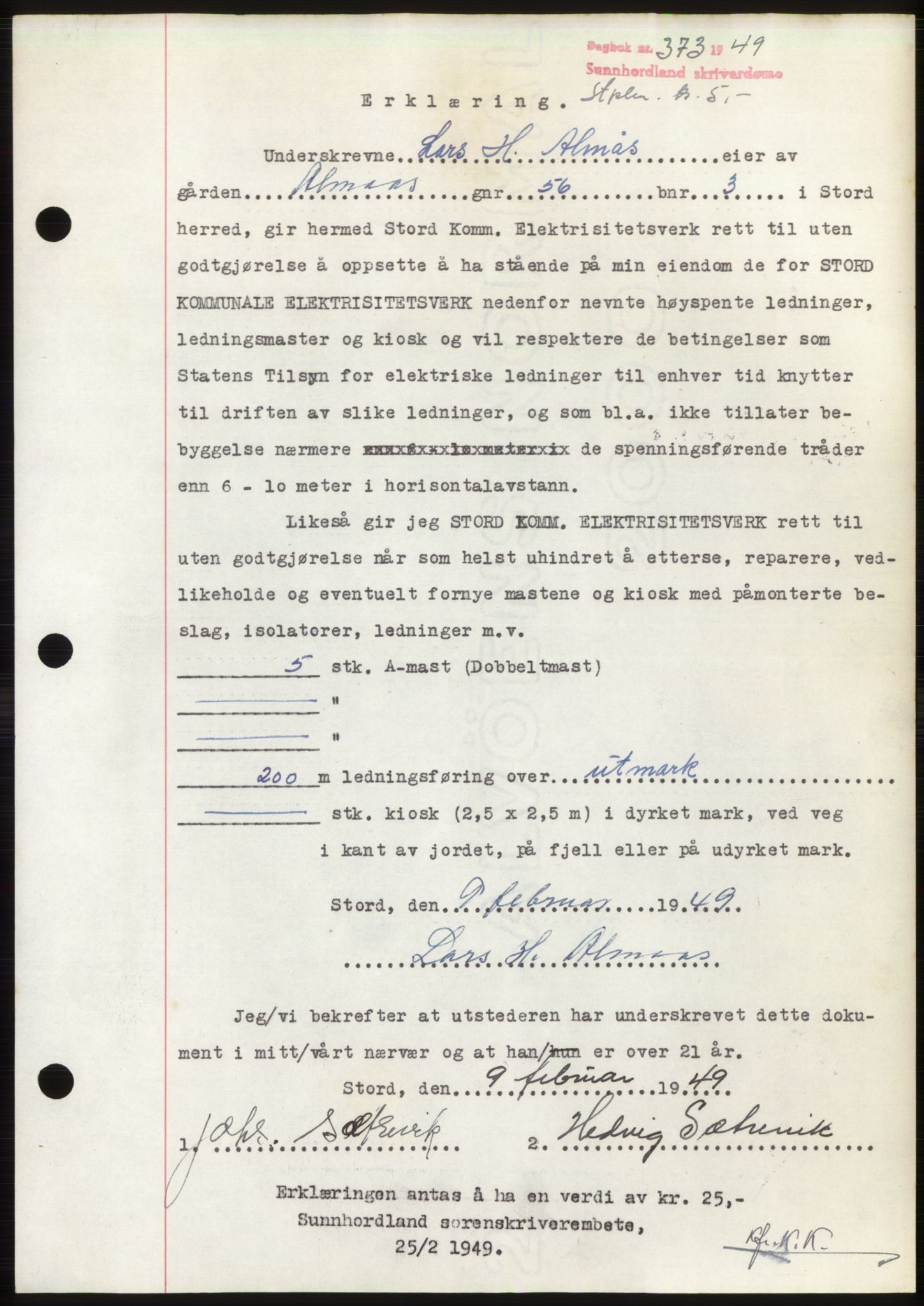 Sunnhordland sorenskrivar, AV/SAB-A-2401: Mortgage book no. B75-79, 1948-1950, Diary no: : 373/1949
