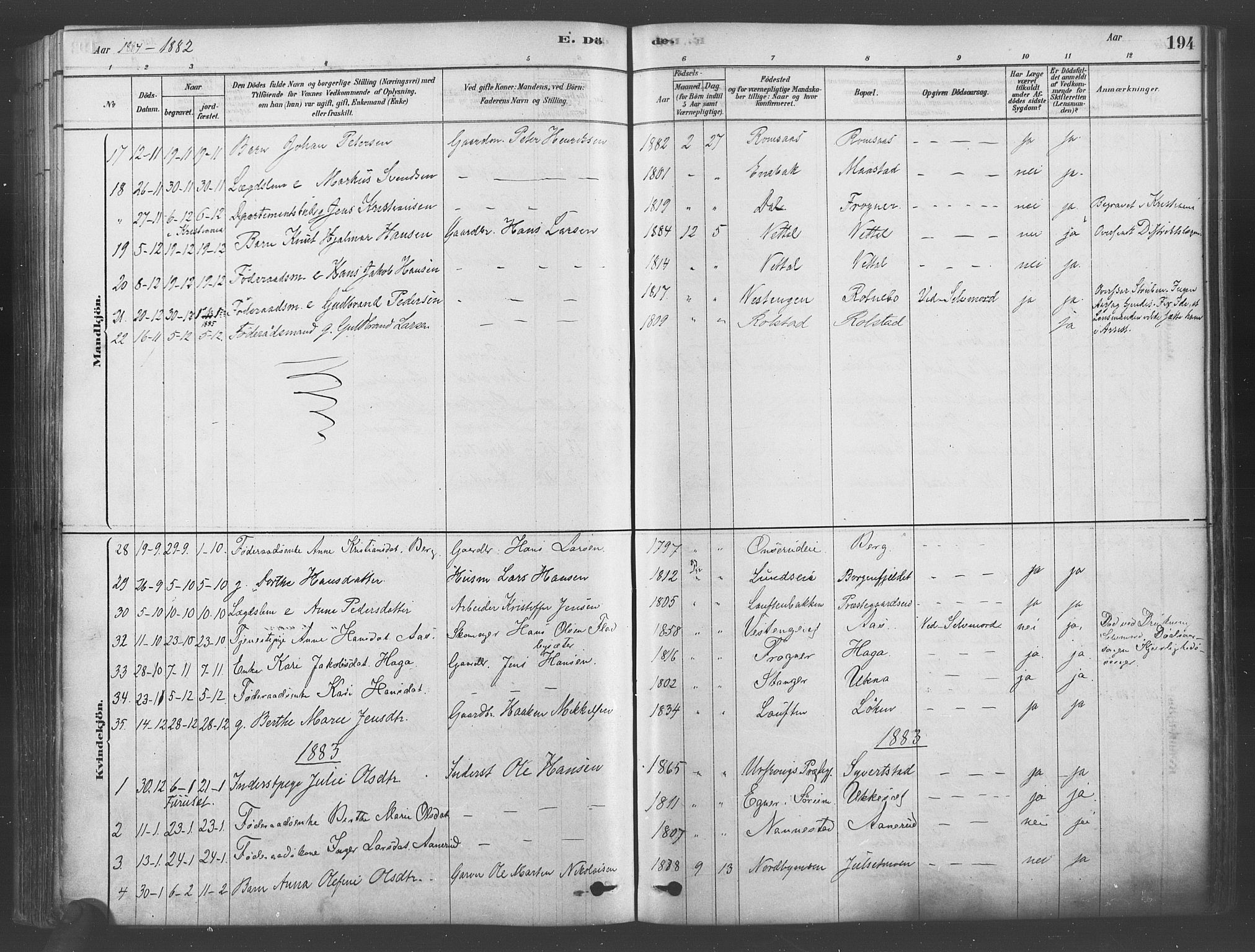 Ullensaker prestekontor Kirkebøker, SAO/A-10236a/F/Fa/L0019: Parish register (official) no. I 19, 1878-1891, p. 194