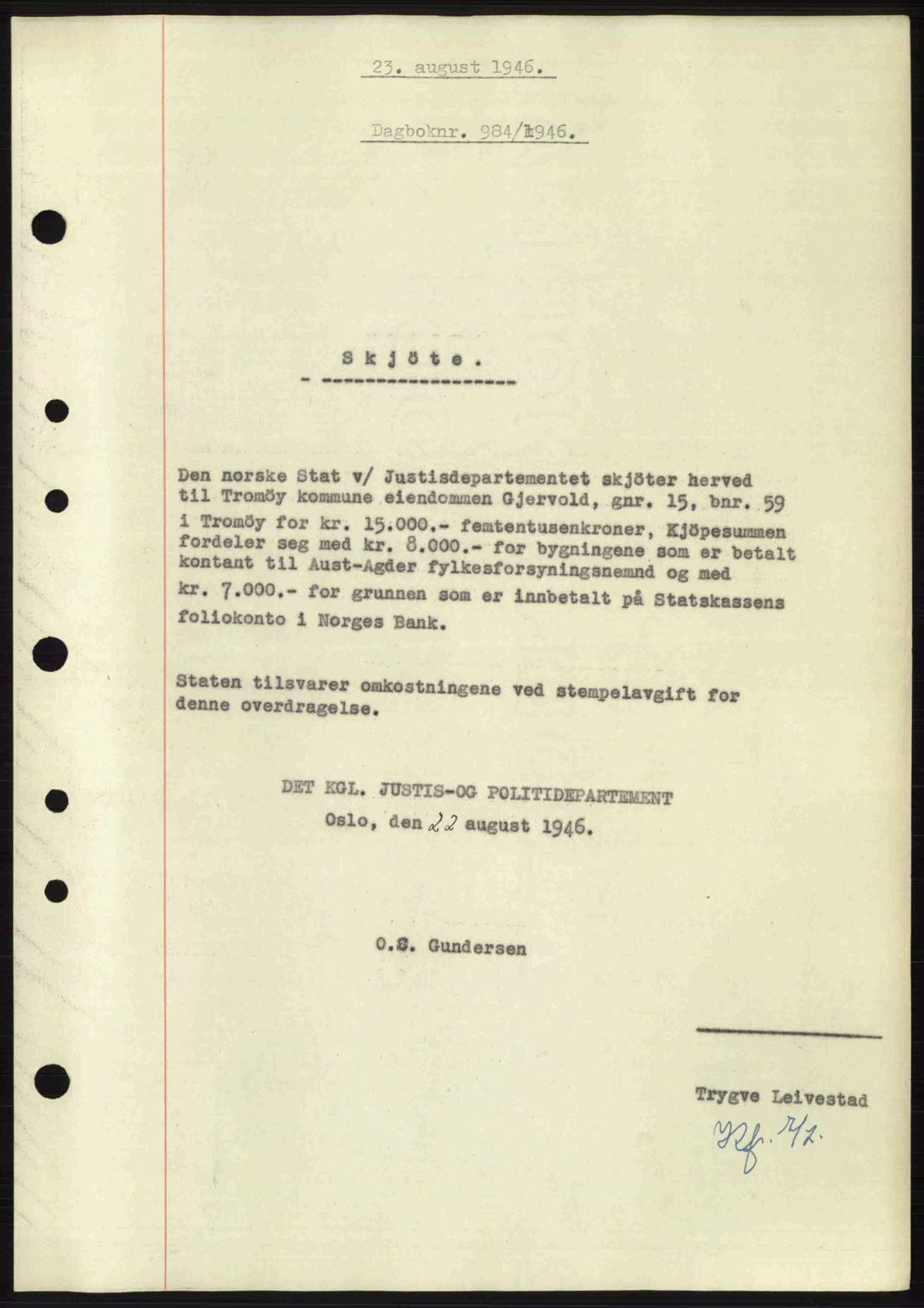 Nedenes sorenskriveri, SAK/1221-0006/G/Gb/Gba/L0055: Mortgage book no. A7, 1946-1946, Diary no: : 984/1946