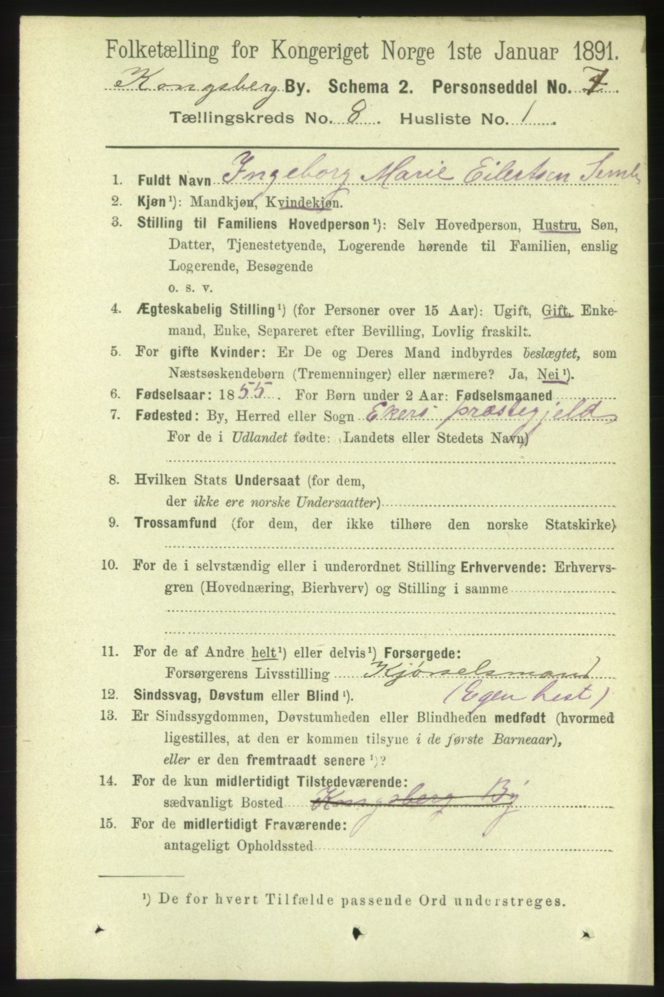 RA, 1891 census for 0604 Kongsberg, 1891, p. 5498