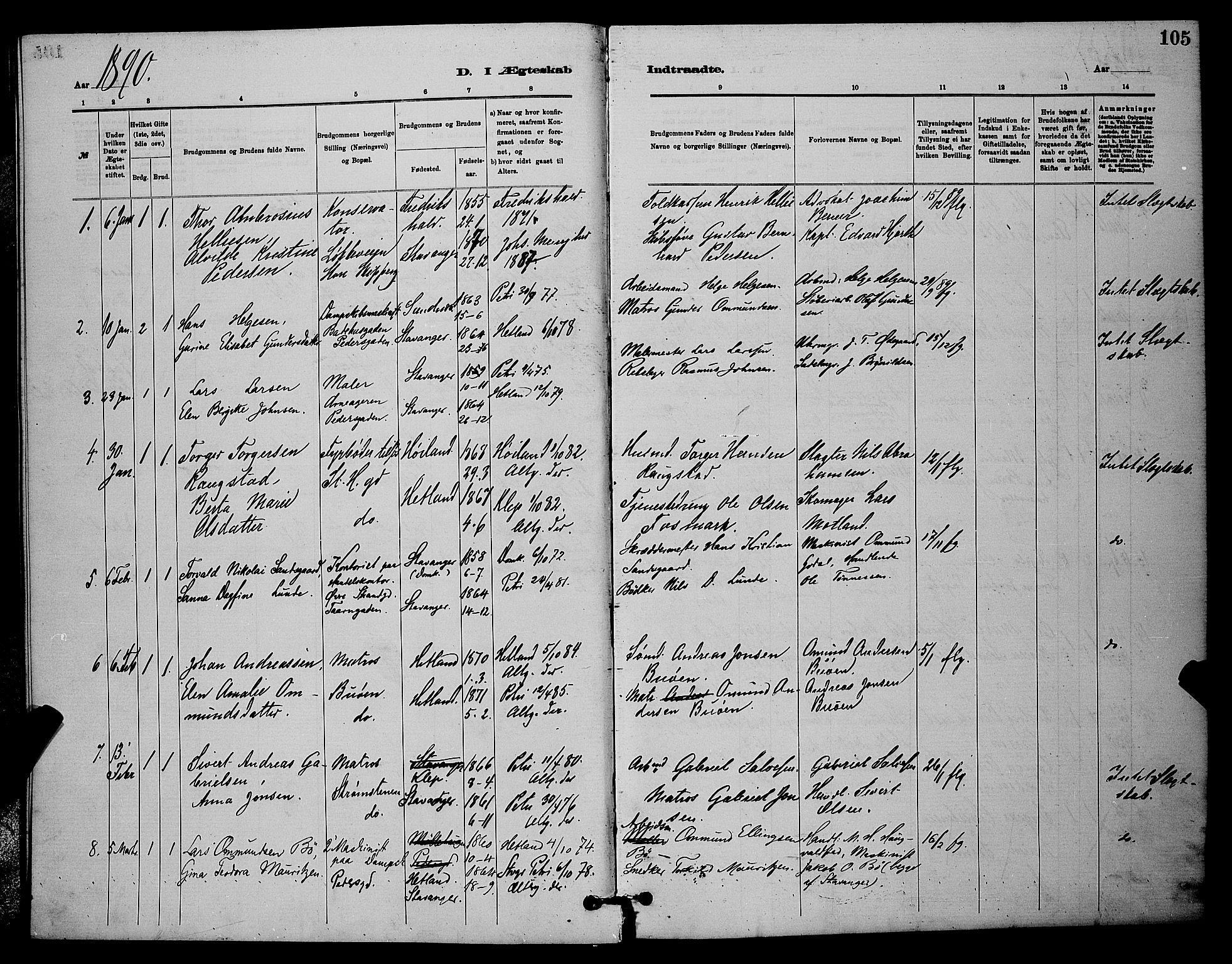 St. Johannes sokneprestkontor, SAST/A-101814/001/30/30BB/L0001: Parish register (copy) no. B 1, 1885-1897, p. 105