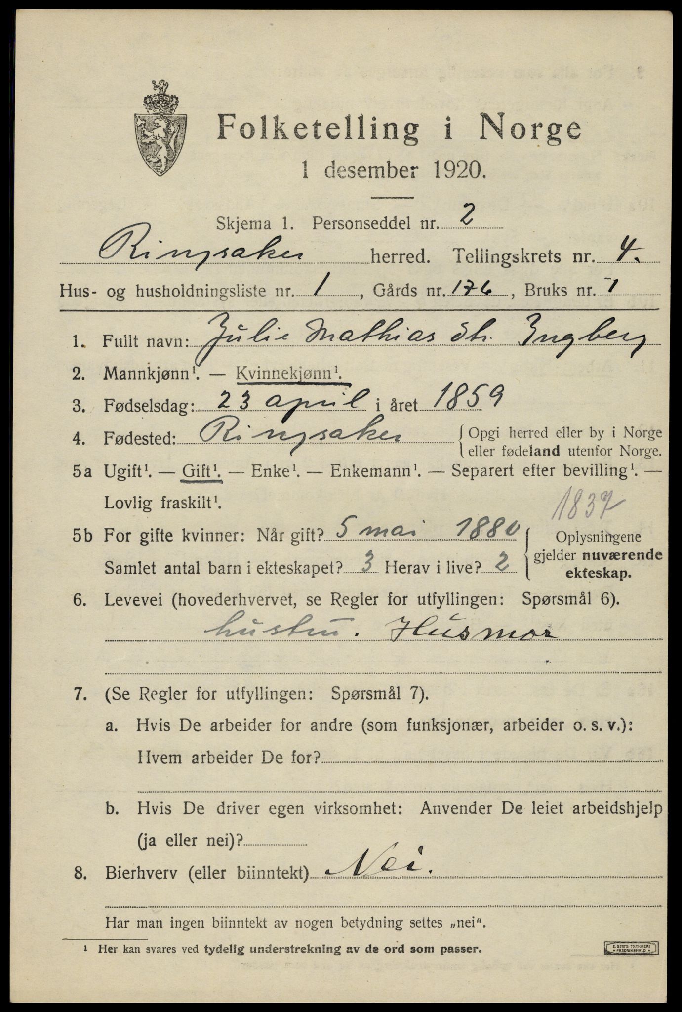 SAH, 1920 census for Ringsaker, 1920, p. 8566