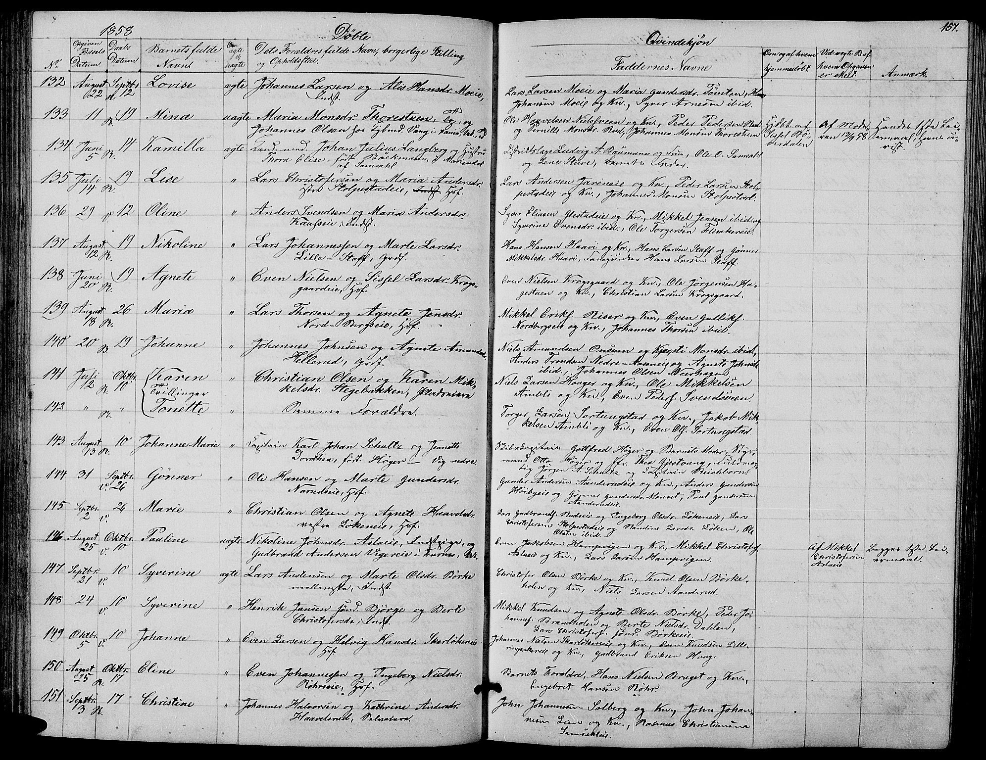 Ringsaker prestekontor, SAH/PREST-014/L/La/L0006: Parish register (copy) no. 6, 1851-1860, p. 157