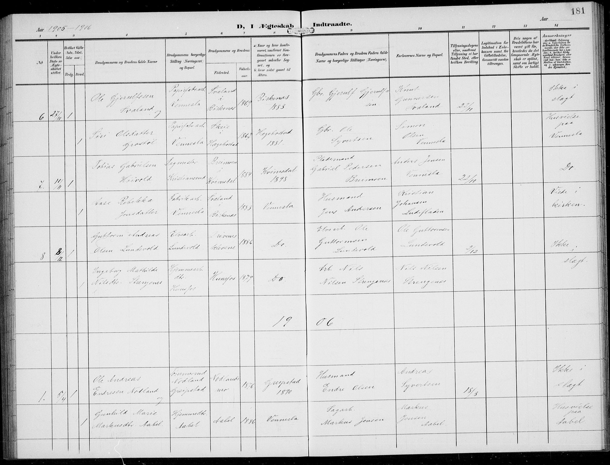 Vennesla sokneprestkontor, SAK/1111-0045/Fb/Fbb/L0005: Parish register (copy) no. B 5, 1903-1913, p. 181