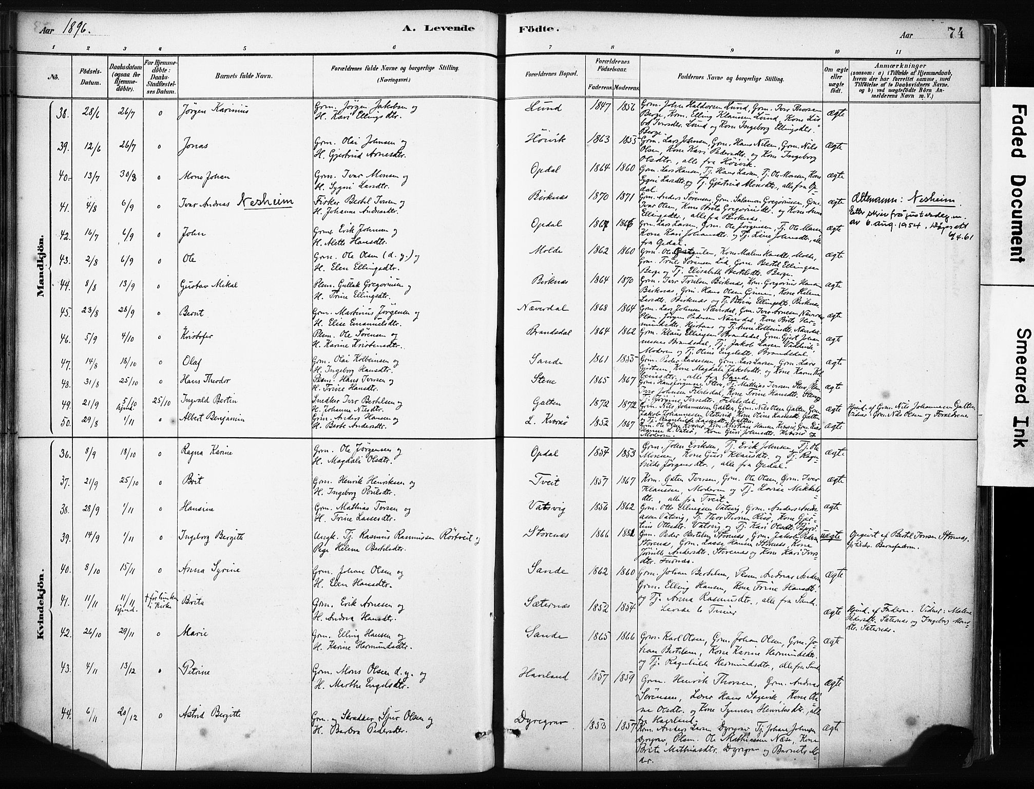 Gulen sokneprestembete, SAB/A-80201/H/Haa/Haab/L0001: Parish register (official) no. B 1, 1881-1905, p. 74