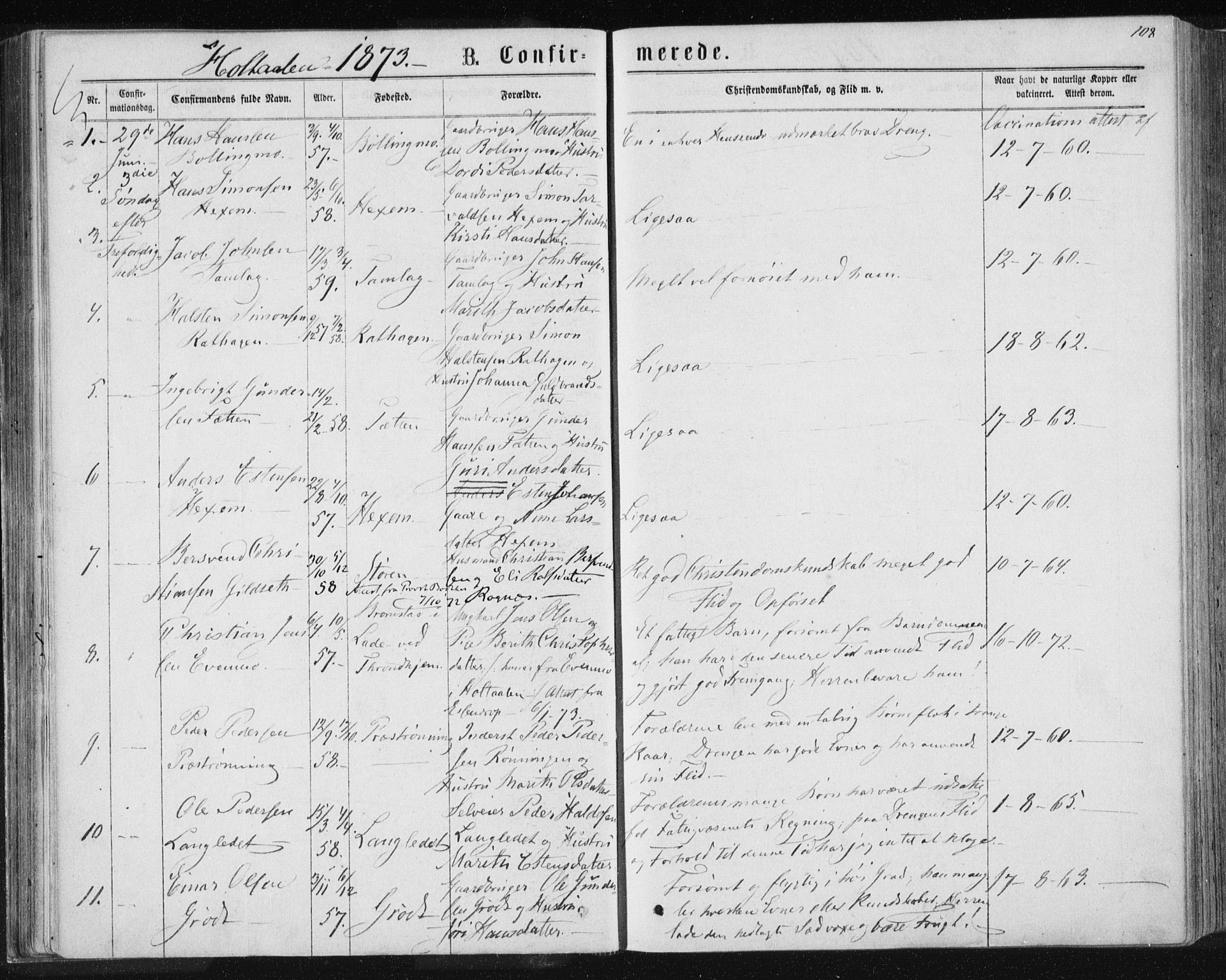 Ministerialprotokoller, klokkerbøker og fødselsregistre - Sør-Trøndelag, AV/SAT-A-1456/685/L0969: Parish register (official) no. 685A08 /1, 1870-1878, p. 108